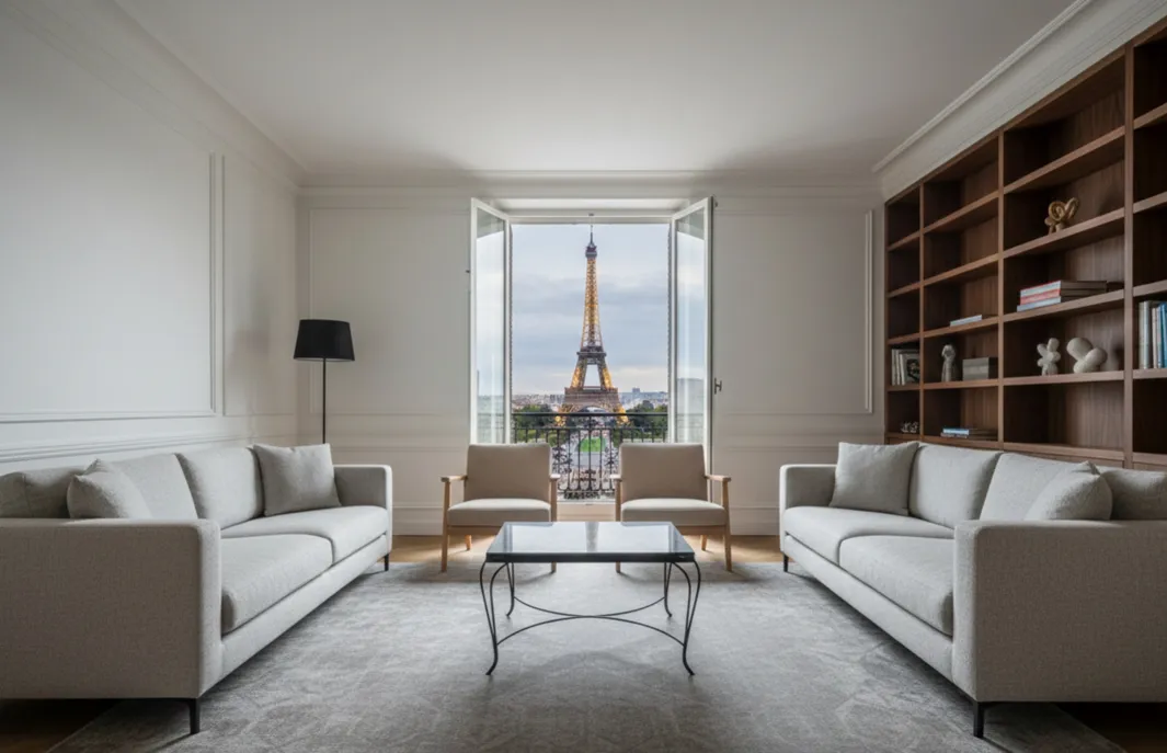 antiker Tisch in modernem Wohnzimmer mit Gartenblick