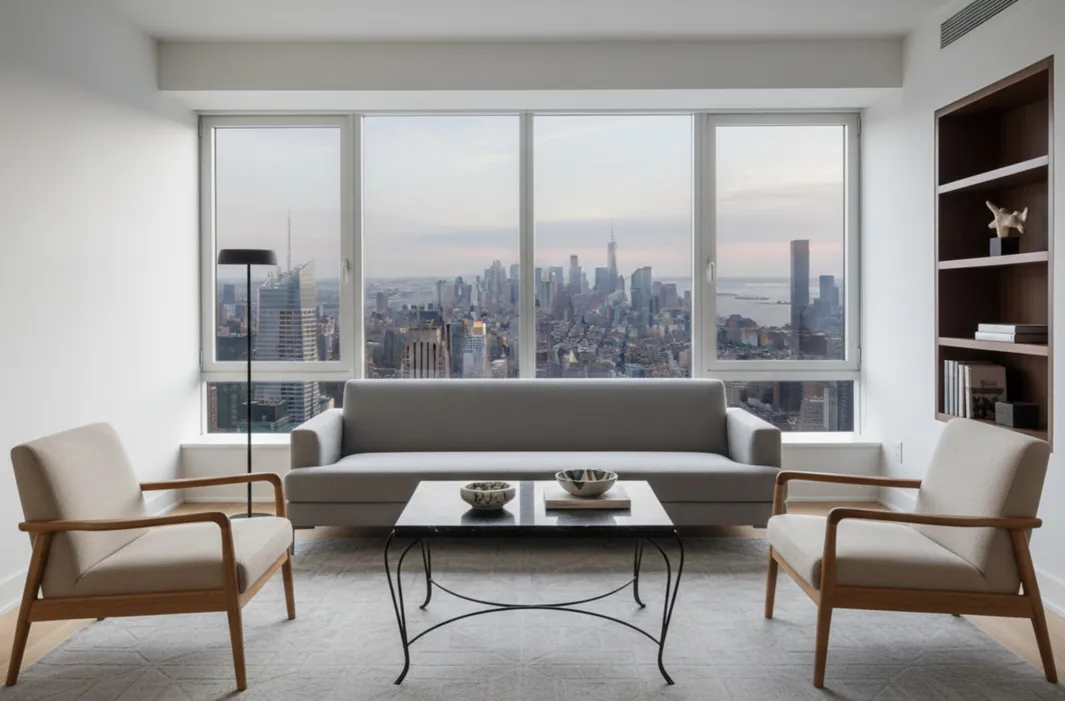 Antiker Tisch in einem modernen Wohnzimmer mit Stadtblick.