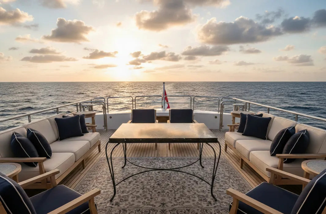 antiker Gartentisch vor dem Meer beim Sonnenuntergang