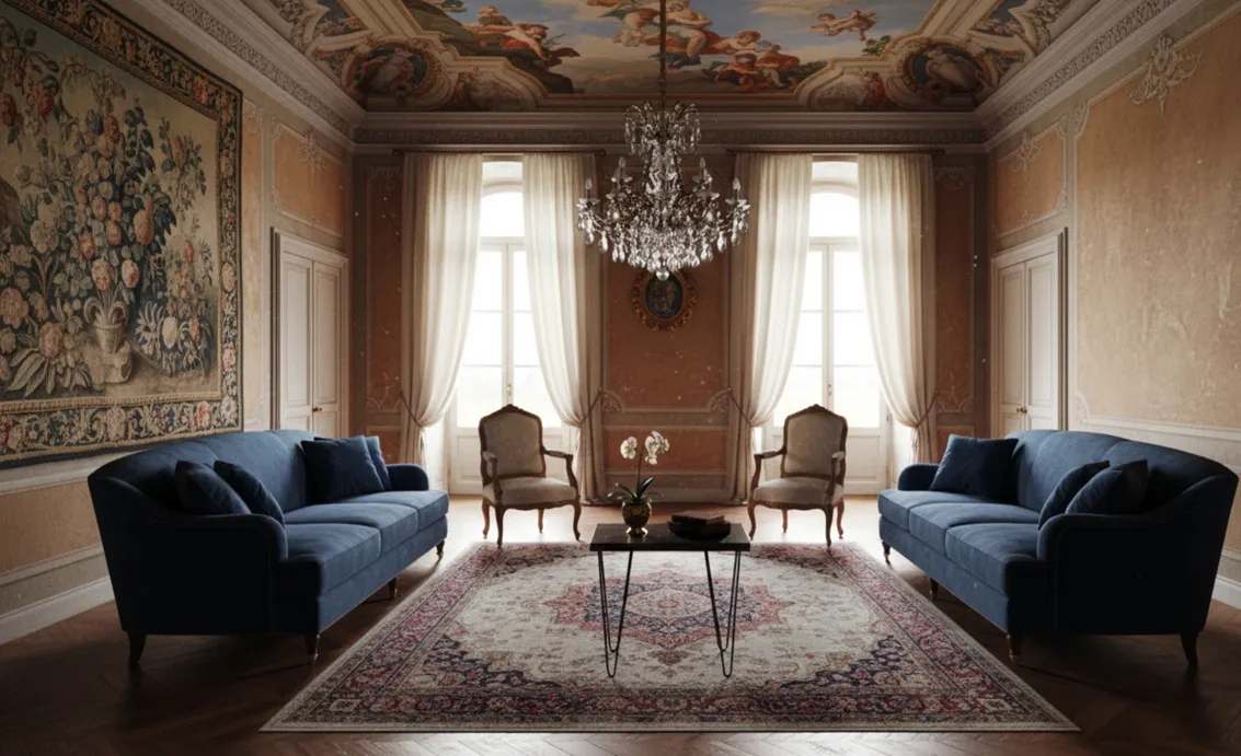 طاولة أثرية في غرفة المعيشة، محاطة بالكراسي والزينة.