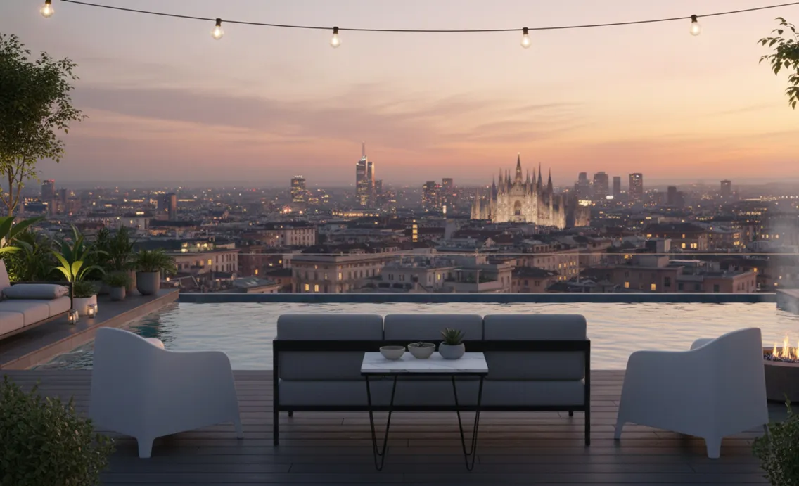 Mesa de jardim antiga com vista panorâmica, cercada por plantas