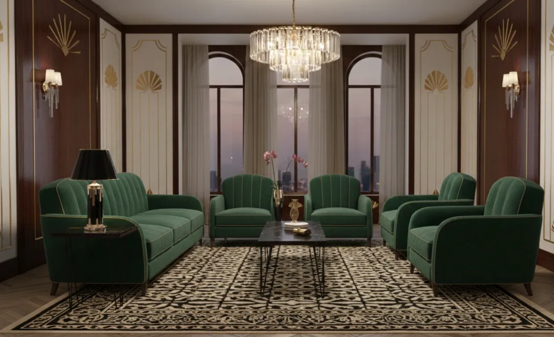 mesa antiga em uma sala elegante com cadeiras verdes