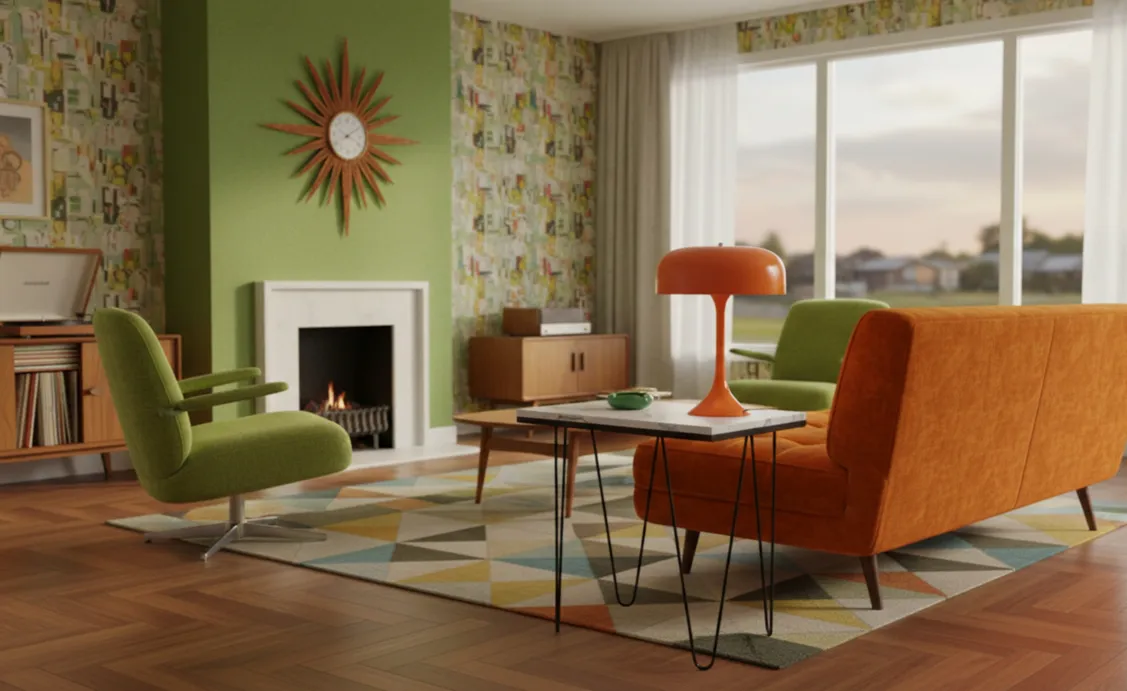 Mesa antigua blanco, con decoraciones verdes, y muebles de jardín en el fondo