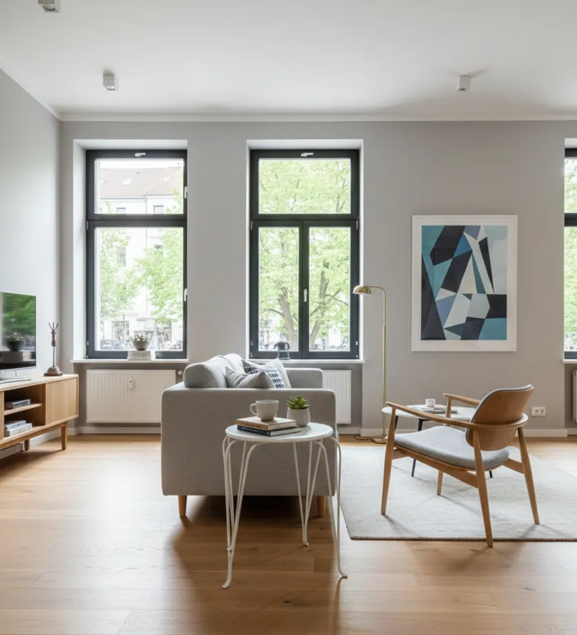 Mesa antigua de jardín en un ambiente moderno con ventanas grandes