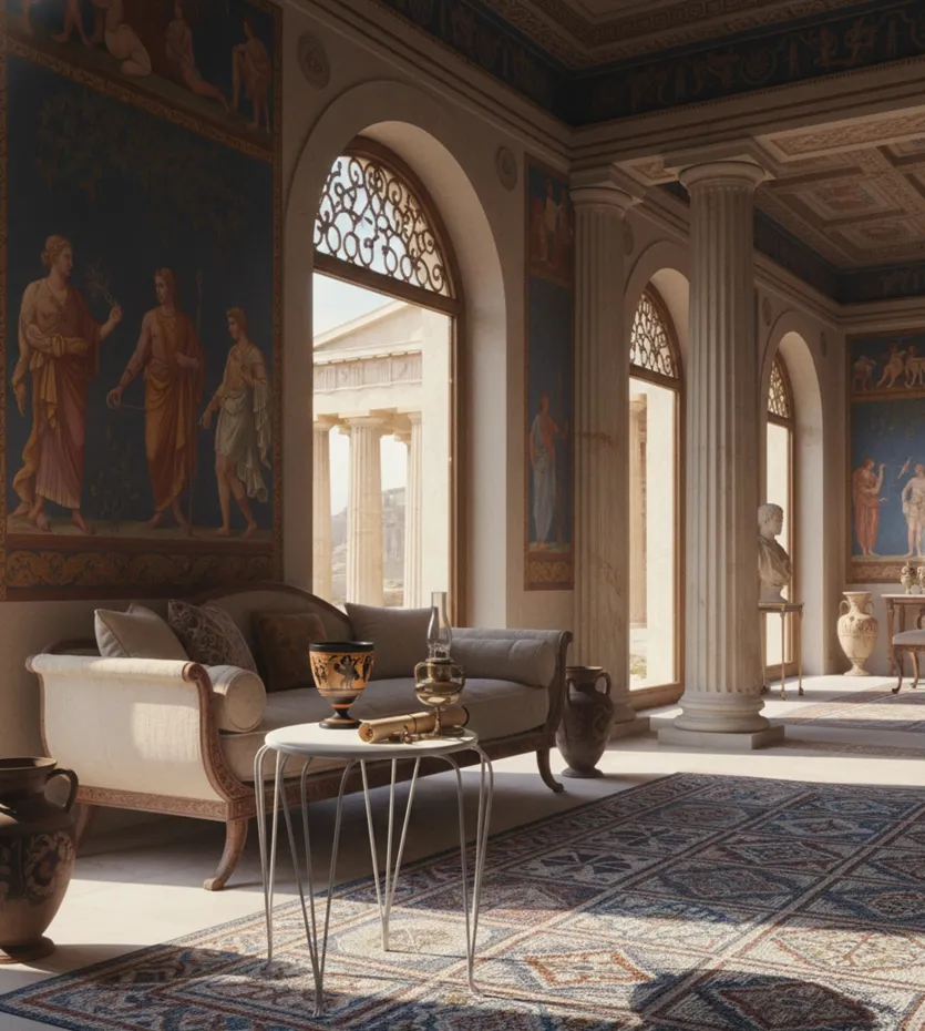 Mesa antigua en un entorno elegante con decoración clásica.