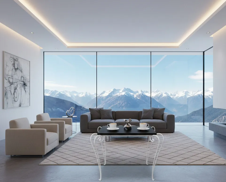 Tableau ancien dans jardin moderne avec vue sur montagnes.