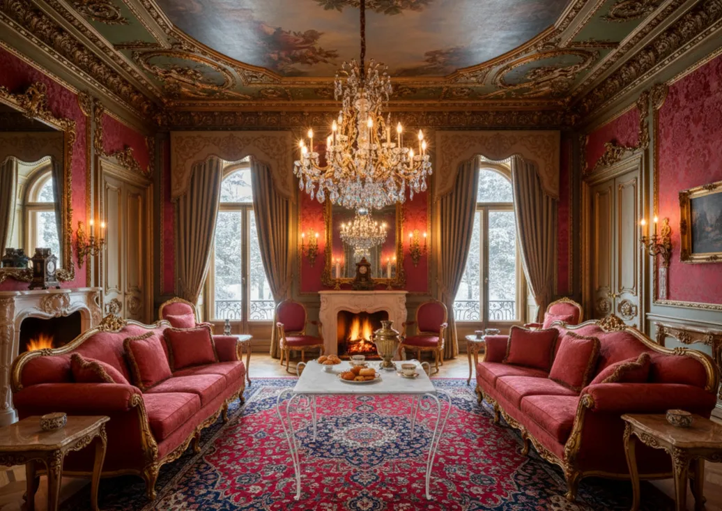 Tableau de jardin ancien dans un salon décoré de manière luxueuse.