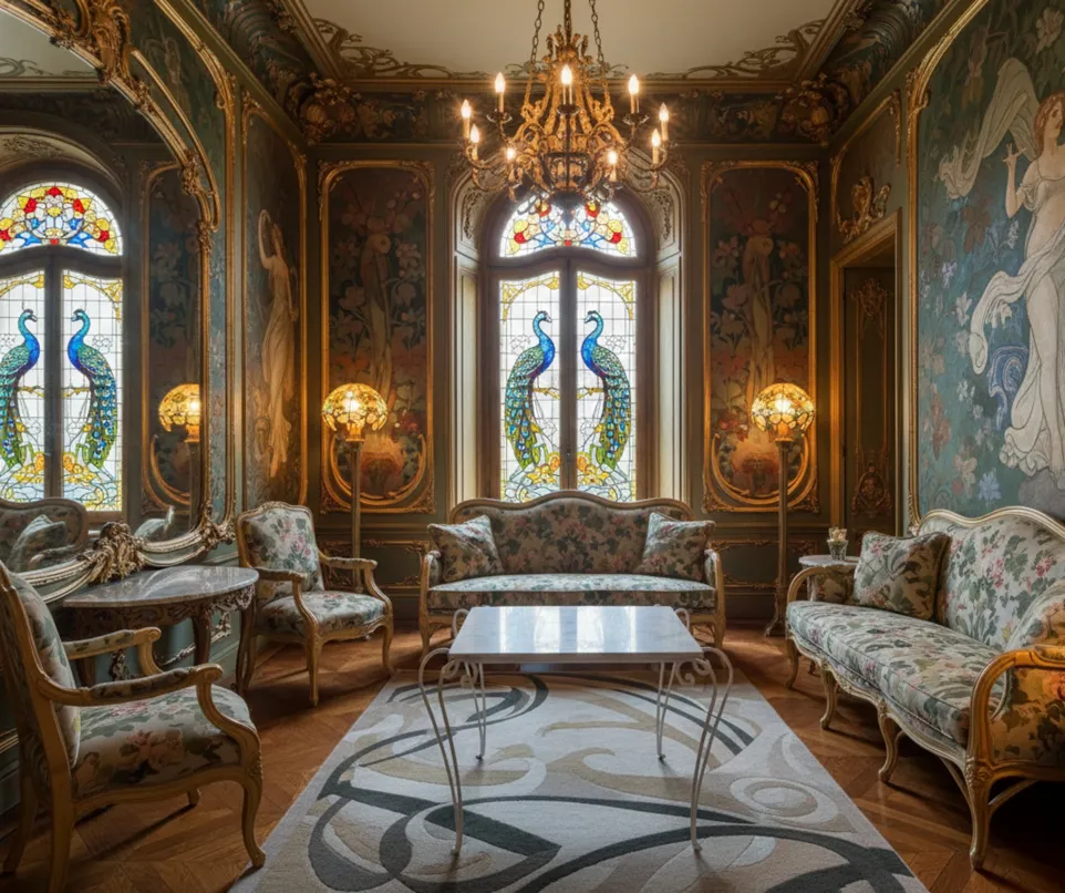 antique table in a garden with floral sofas