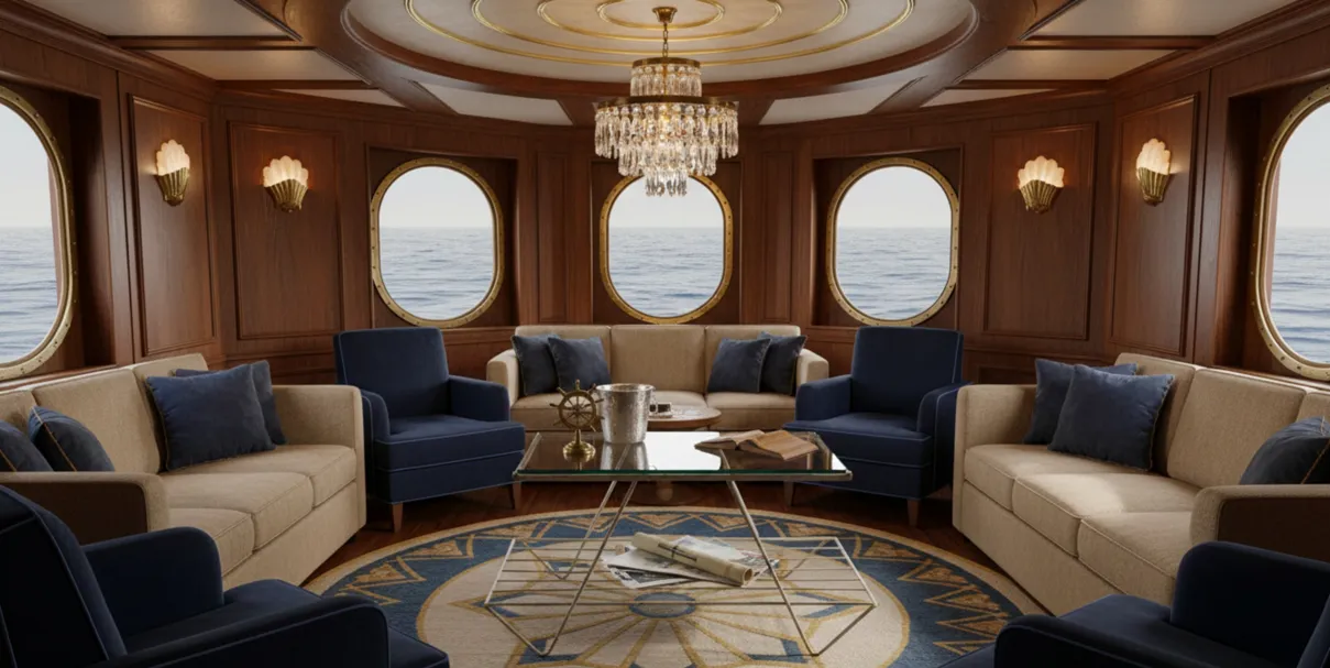 装飾的な古いテーブル、海洋室にアームチェア