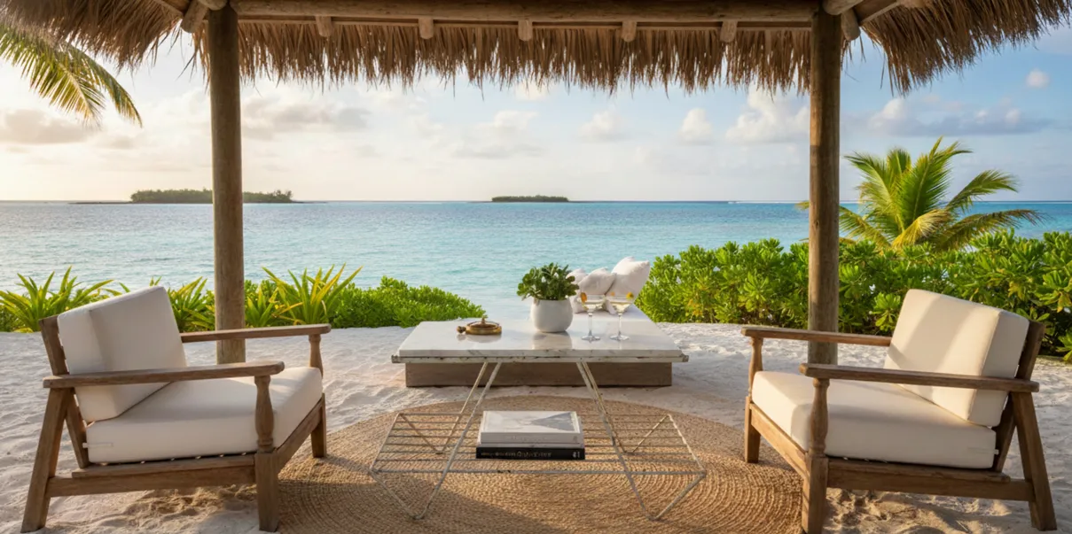 طاولة حديقة قديمة مع إطلالة على البحر ونباتات