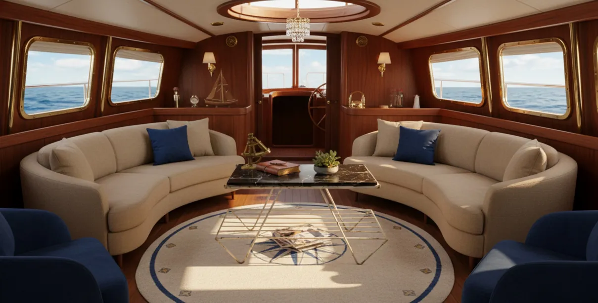 mesa antiga de jardim em cenário náutico