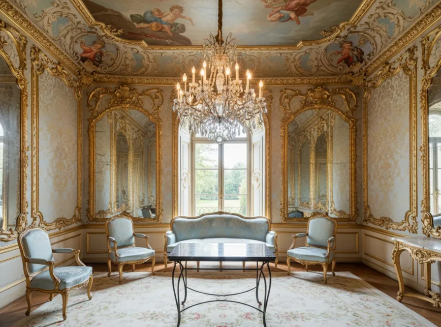 mesa antigua en una elegante sala con muebles de jardín