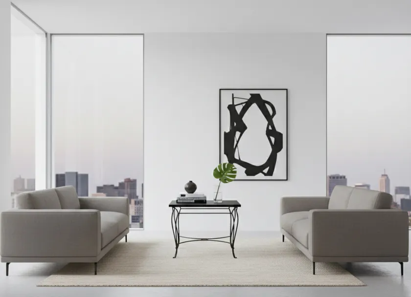 table antique dans un salon moderne avec canapé et décoration minimaliste