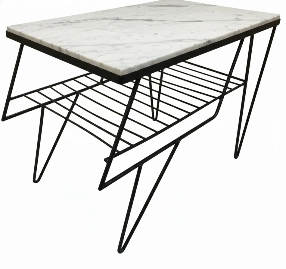 antique garden table with metal frame and lower shelf.