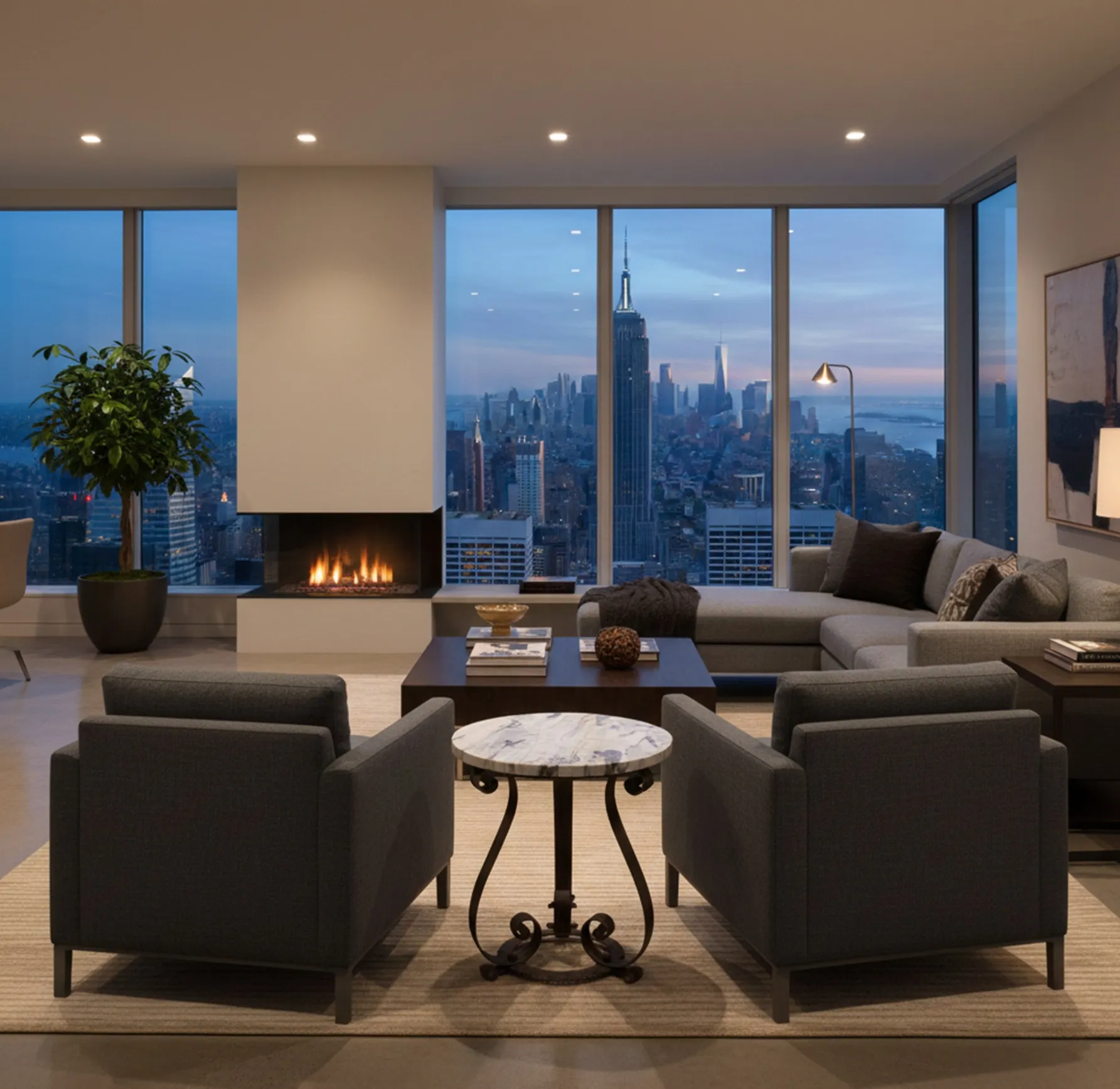 Mesa de salón antigua, ambiente moderno y vistas urbanas.