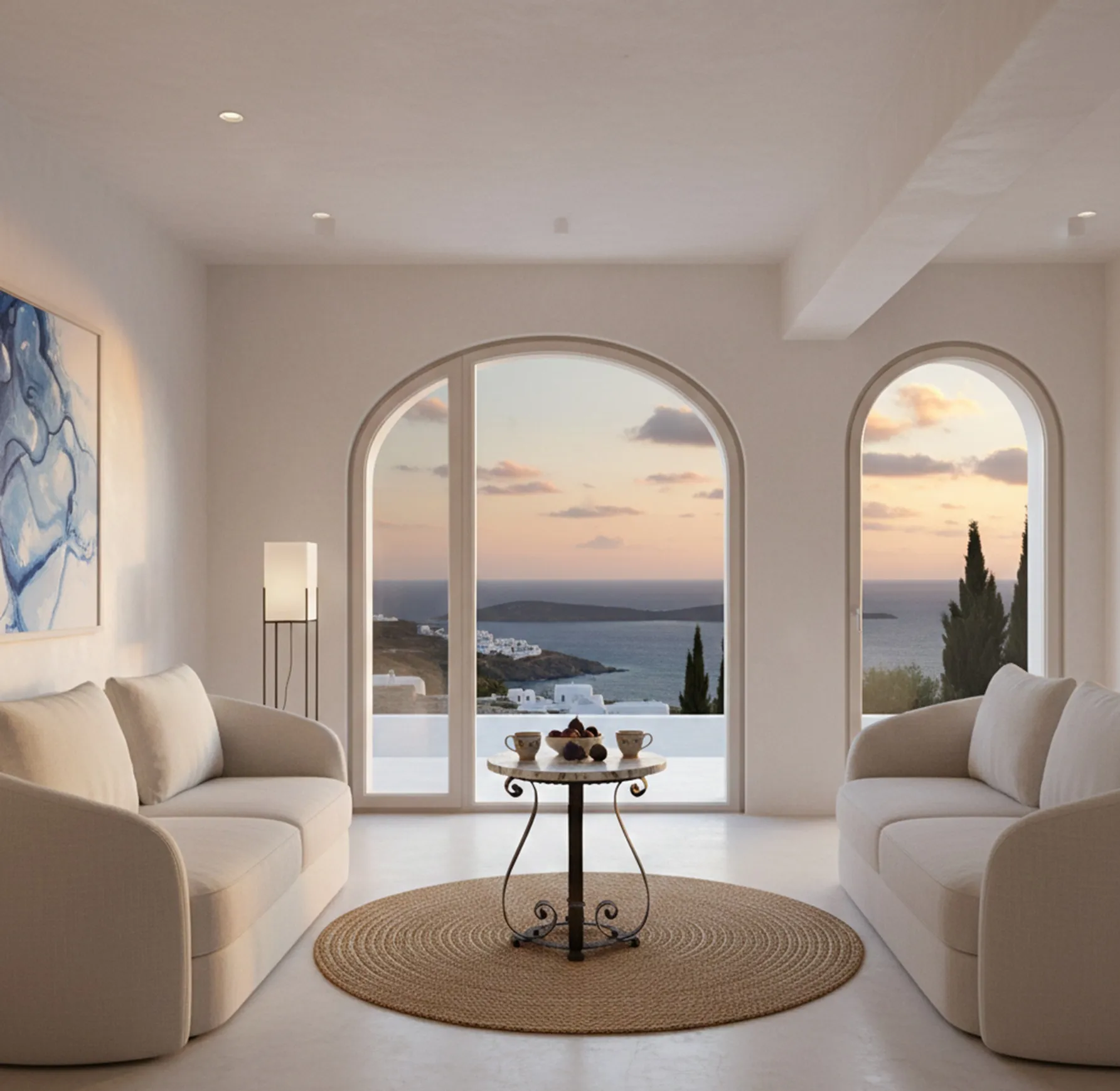 antiker Tisch in einem modernen Wohnzimmer neben einem großen Fenster mit Meerblick und hellen Möbeln