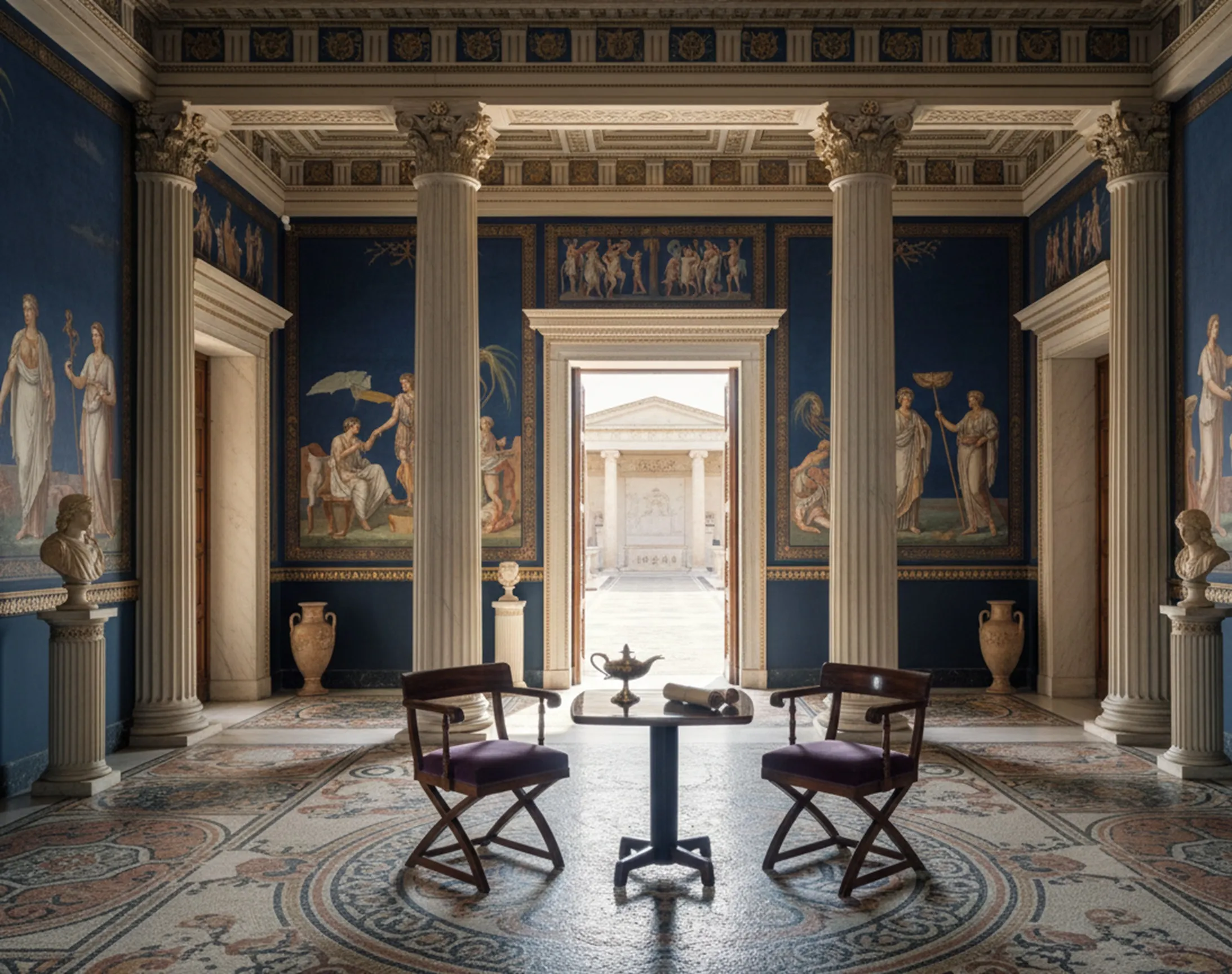 tavolino antico in un ambiente classico con colonne e affreschi