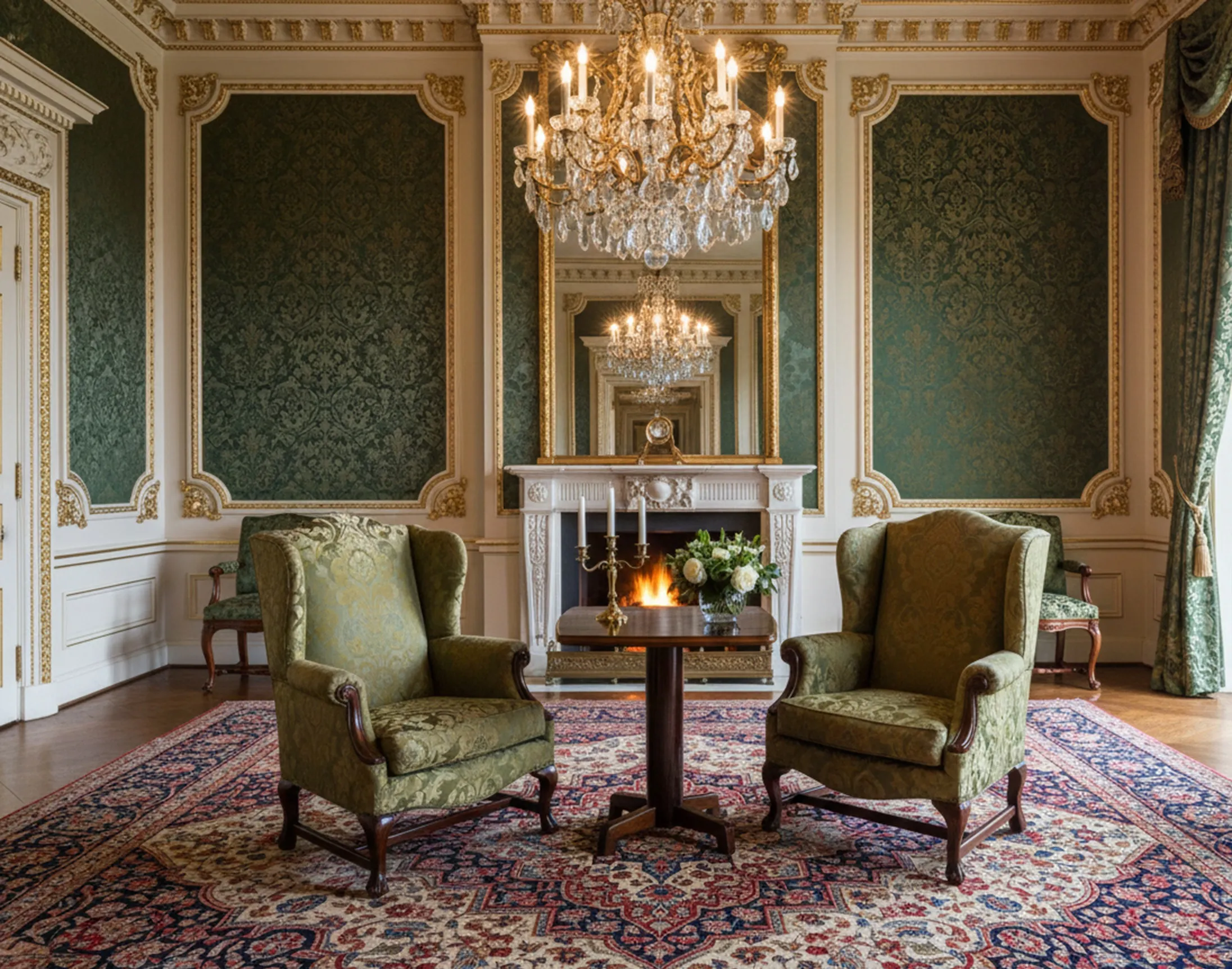 पुरानी-छोटी-मेज-एक-शानदार-कमरे-में-ग्रीन-चर्स-और-गलीचा