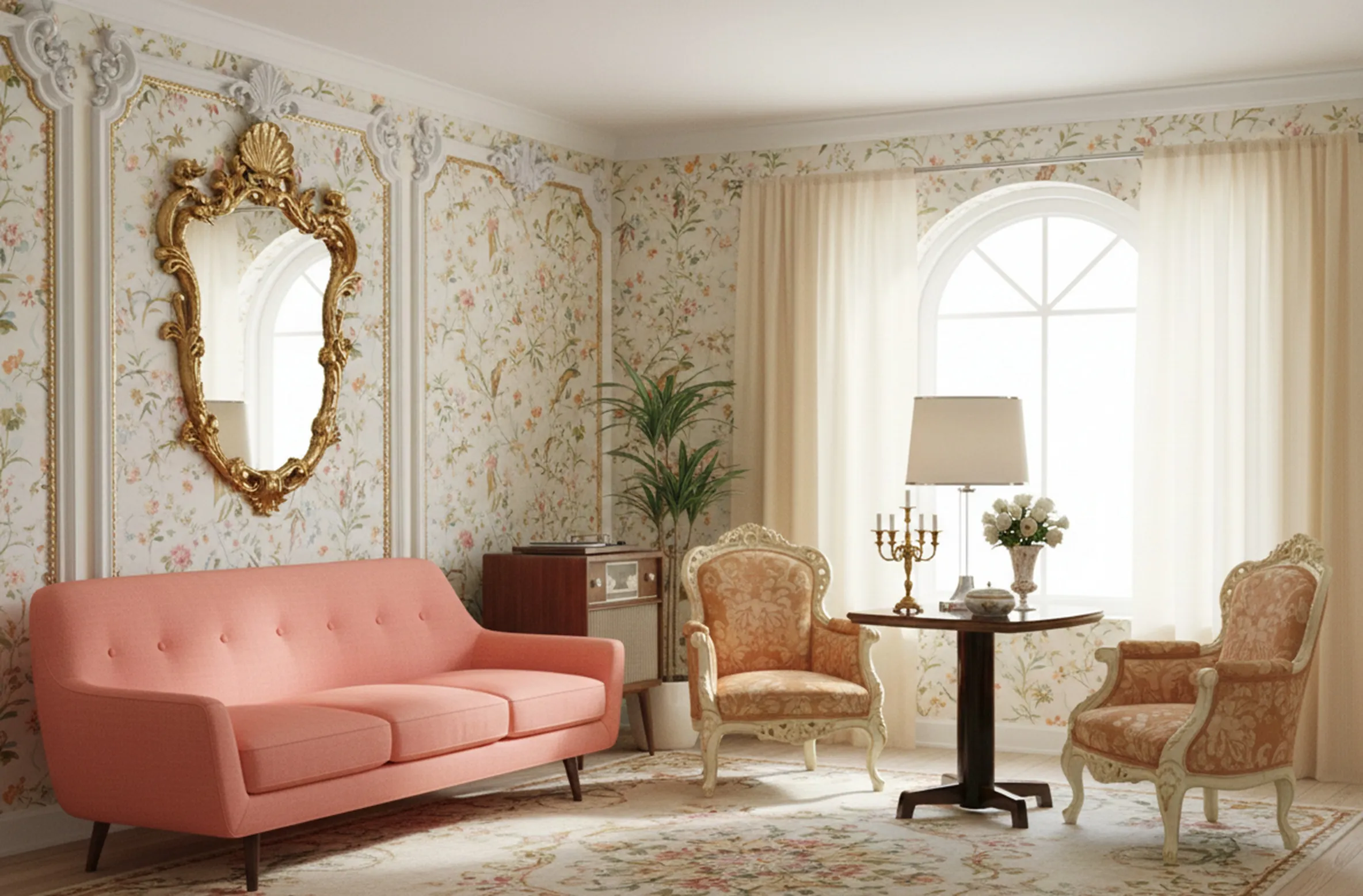 small antique table in a flower-decorated living room with a golden mirror