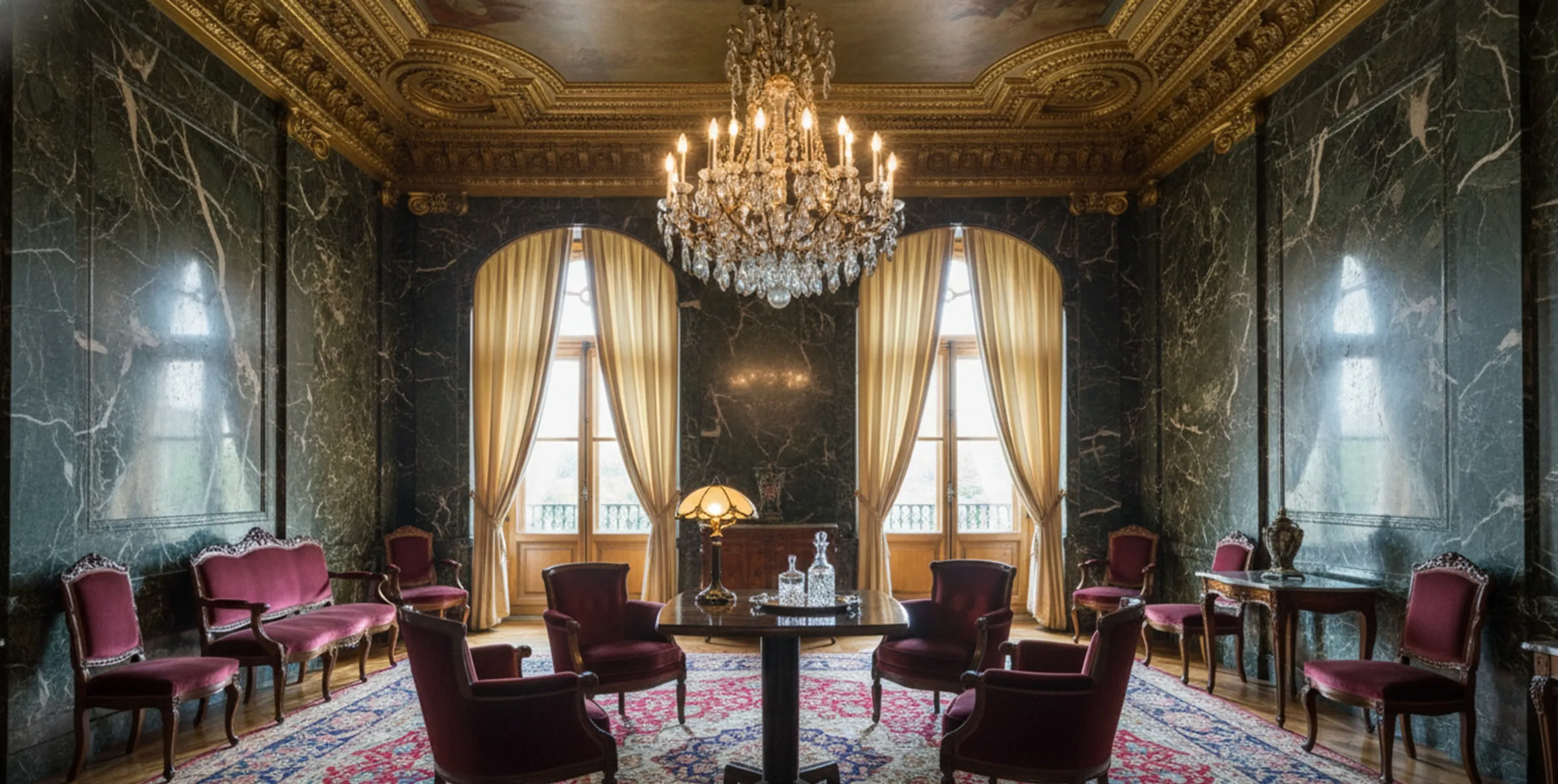 antique small table in an elegant setting with red chairs