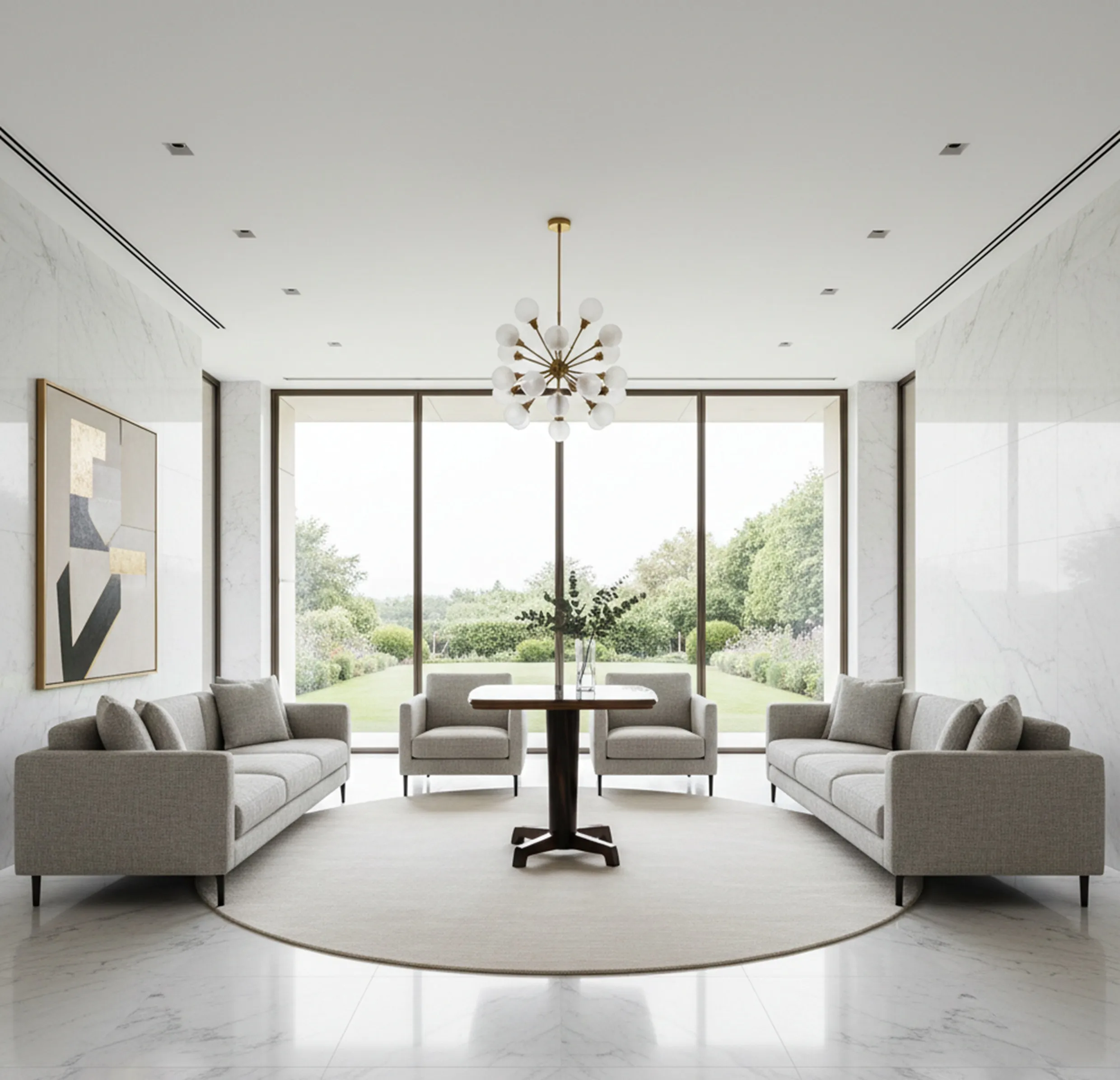 Petite table antique dans un salon moderne avec des canapés gris et un jardin extérieur.