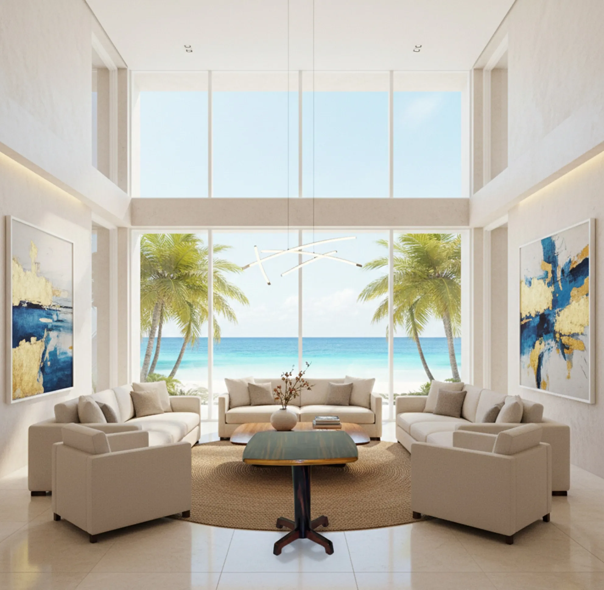 Tavolino antico di forma quadrata, posizionato in un ambiente moderno e luminoso con piante tropicali.