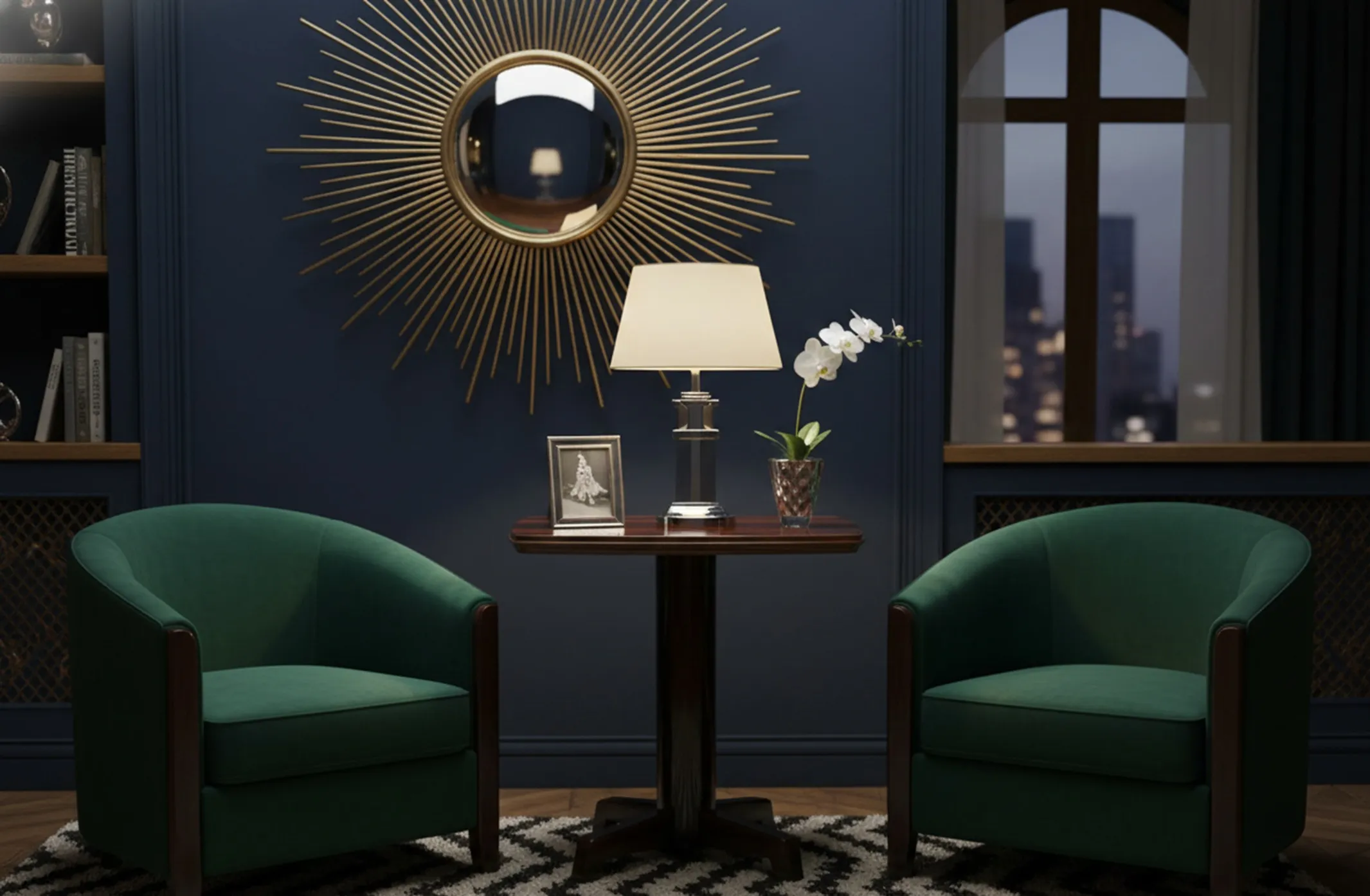 Petite table antique de salon avec lampe et orchidées