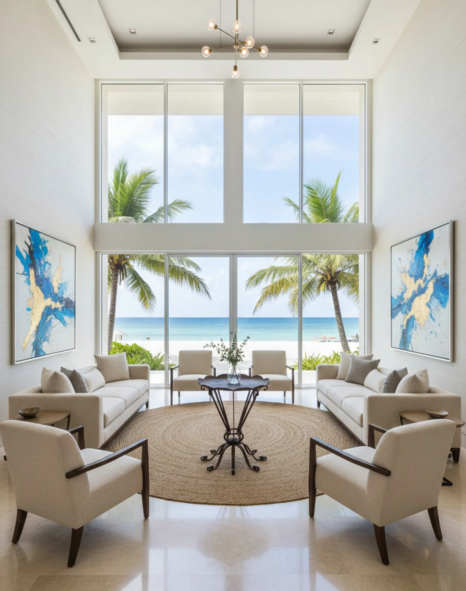 Alter Tisch in einem hellen Wohnzimmer mit Blick auf das Meer, dekoriert mit Pflanzen