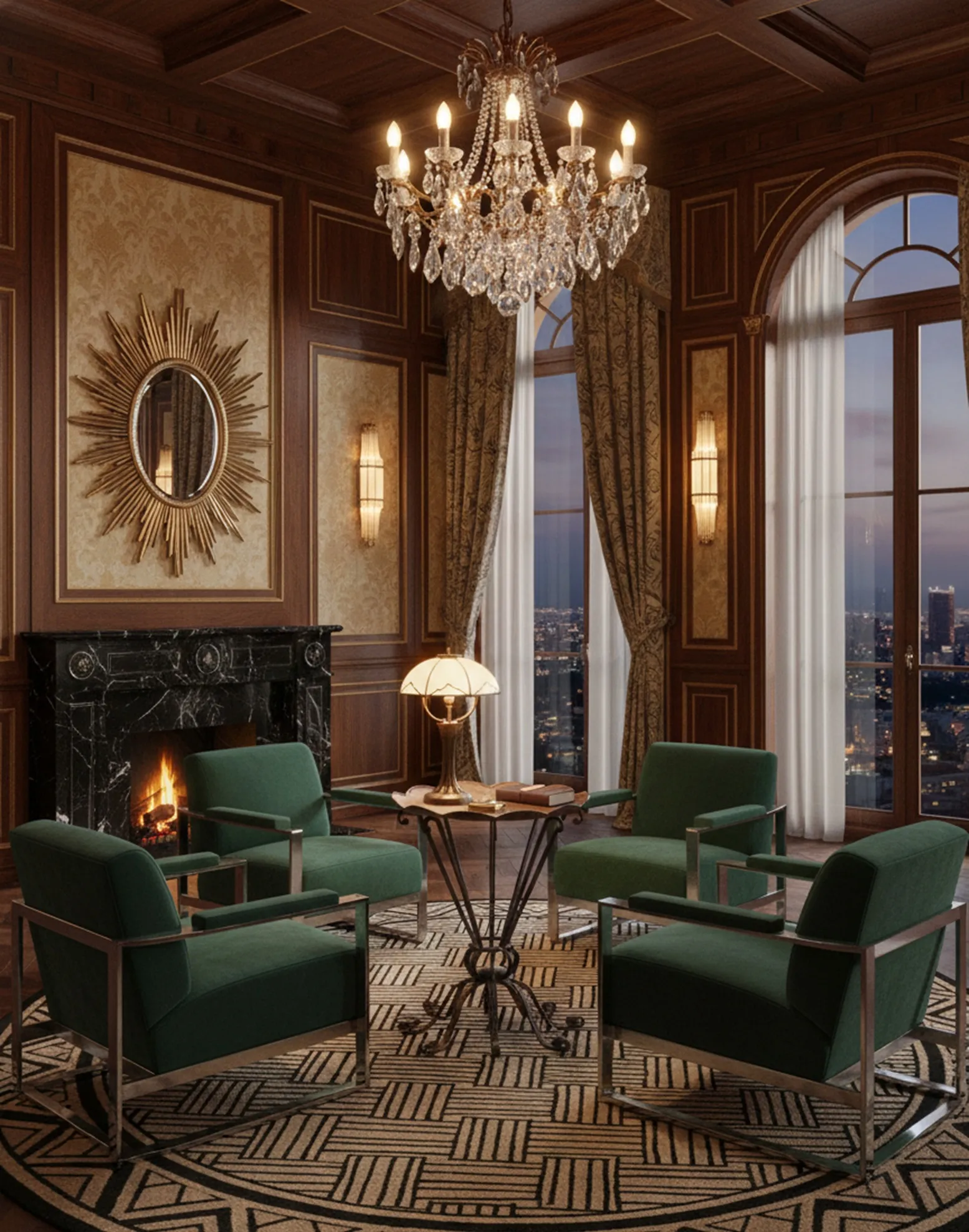 Mesa antigua en un salón elegante con chandelier y sillones