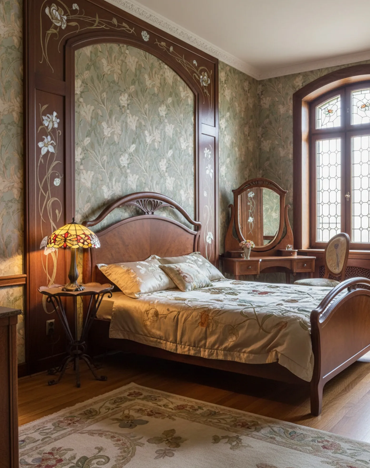 古董桌子在装饰有花卉的房间里