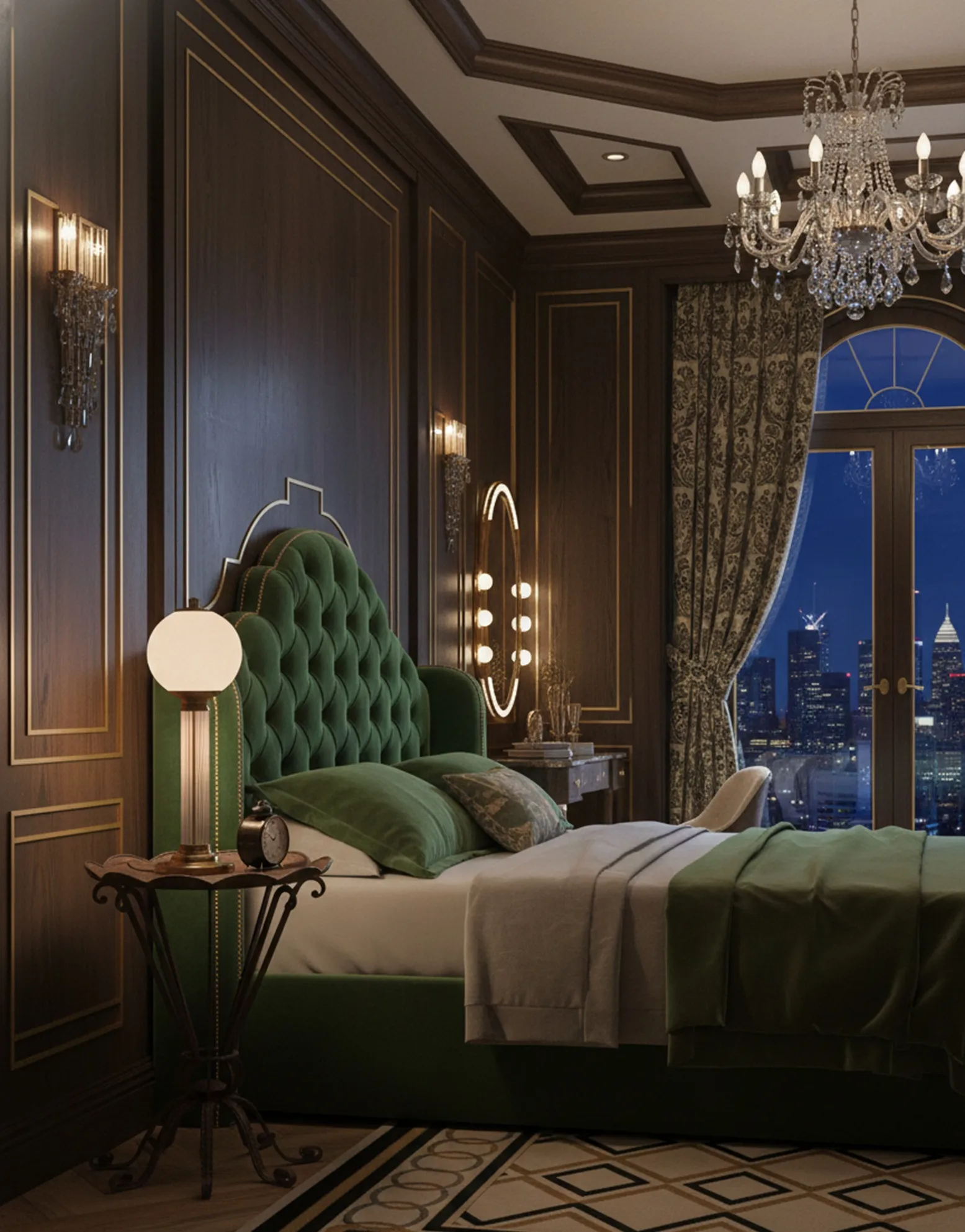 античная тумбочка с включенной лампой