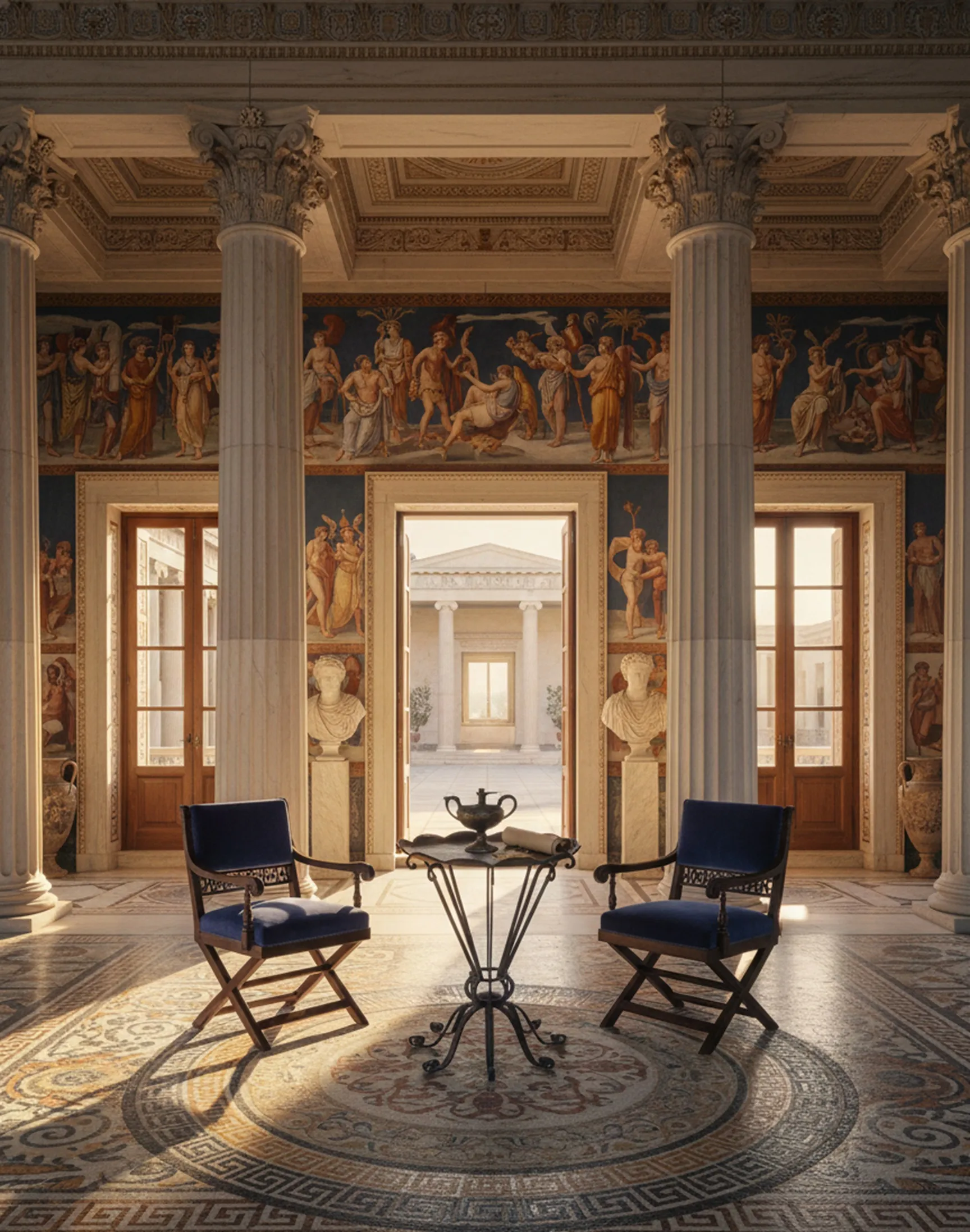 table ancienne dans un espace élégant avec des colonnes et des fresques