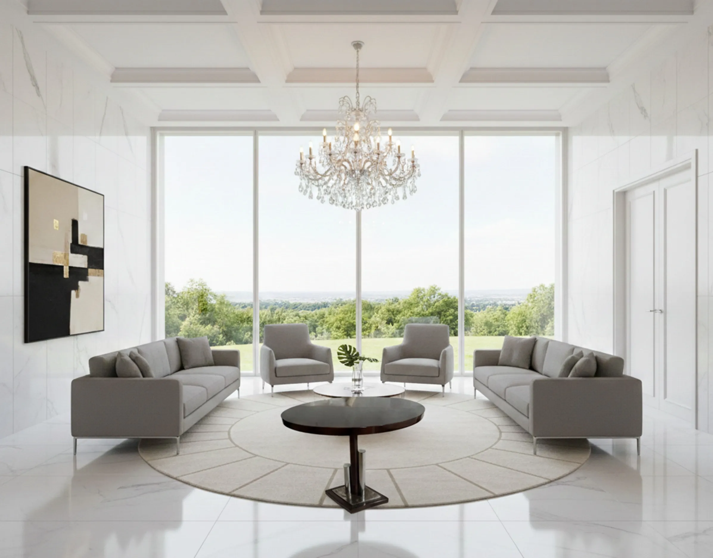 طاولة-عتيقة-في-غرفة-جلسة-حديثة-أريكة-رمادية