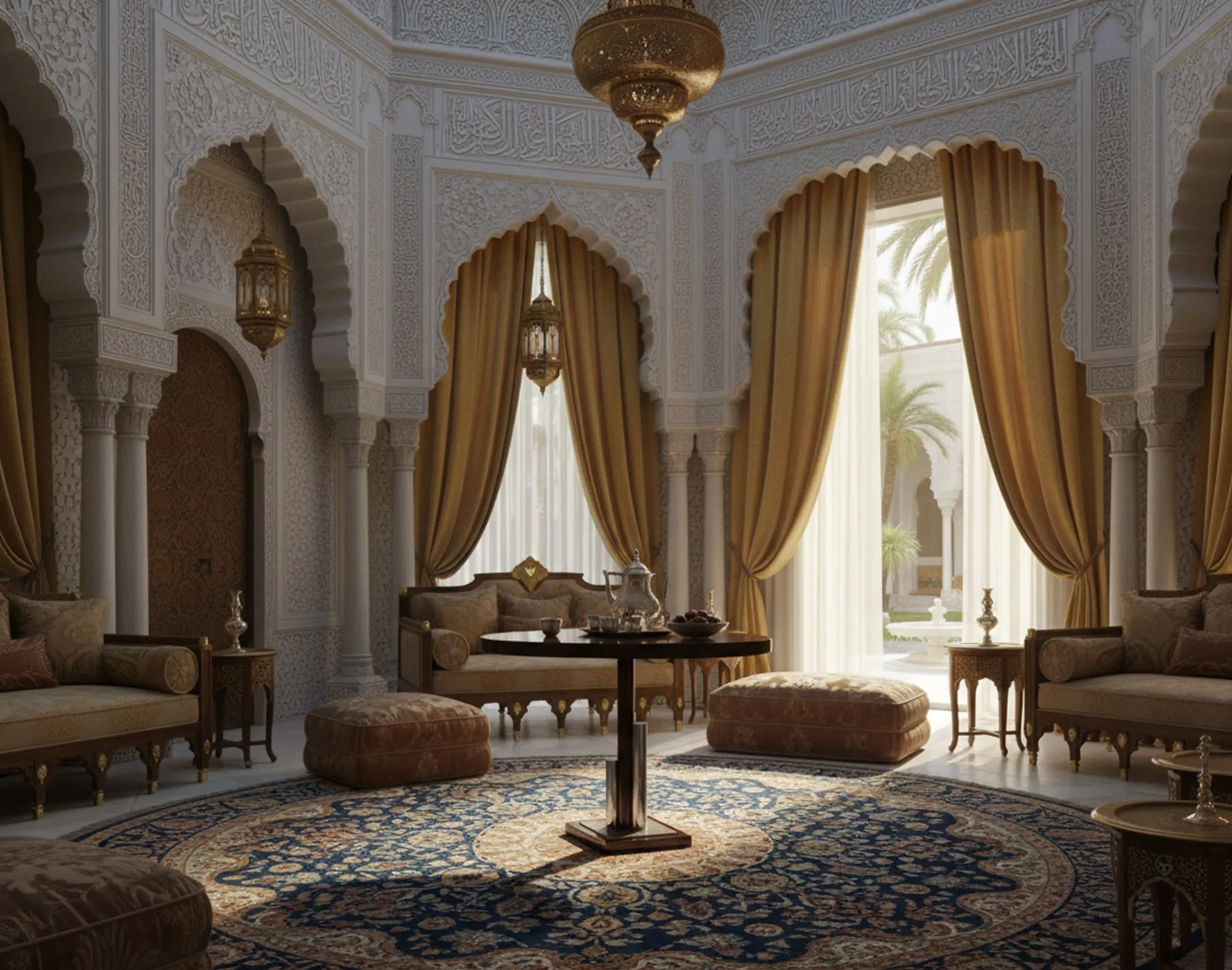 Mesa antiga em uma sala elegante com cortinas douradas e decorações intrincadas.