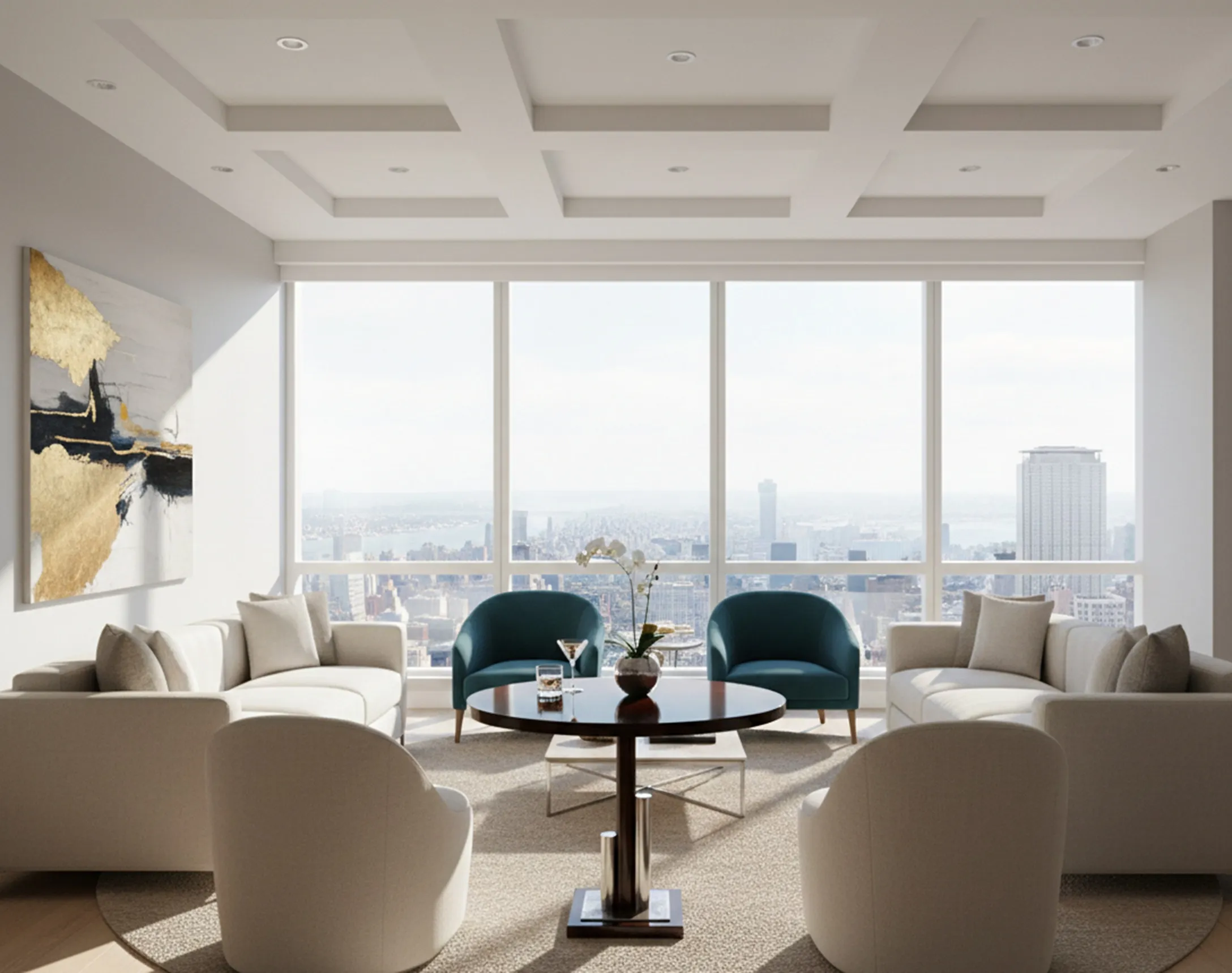 tableau ancien décoratif à côté d'un canapé moderne et de grandes fenêtres