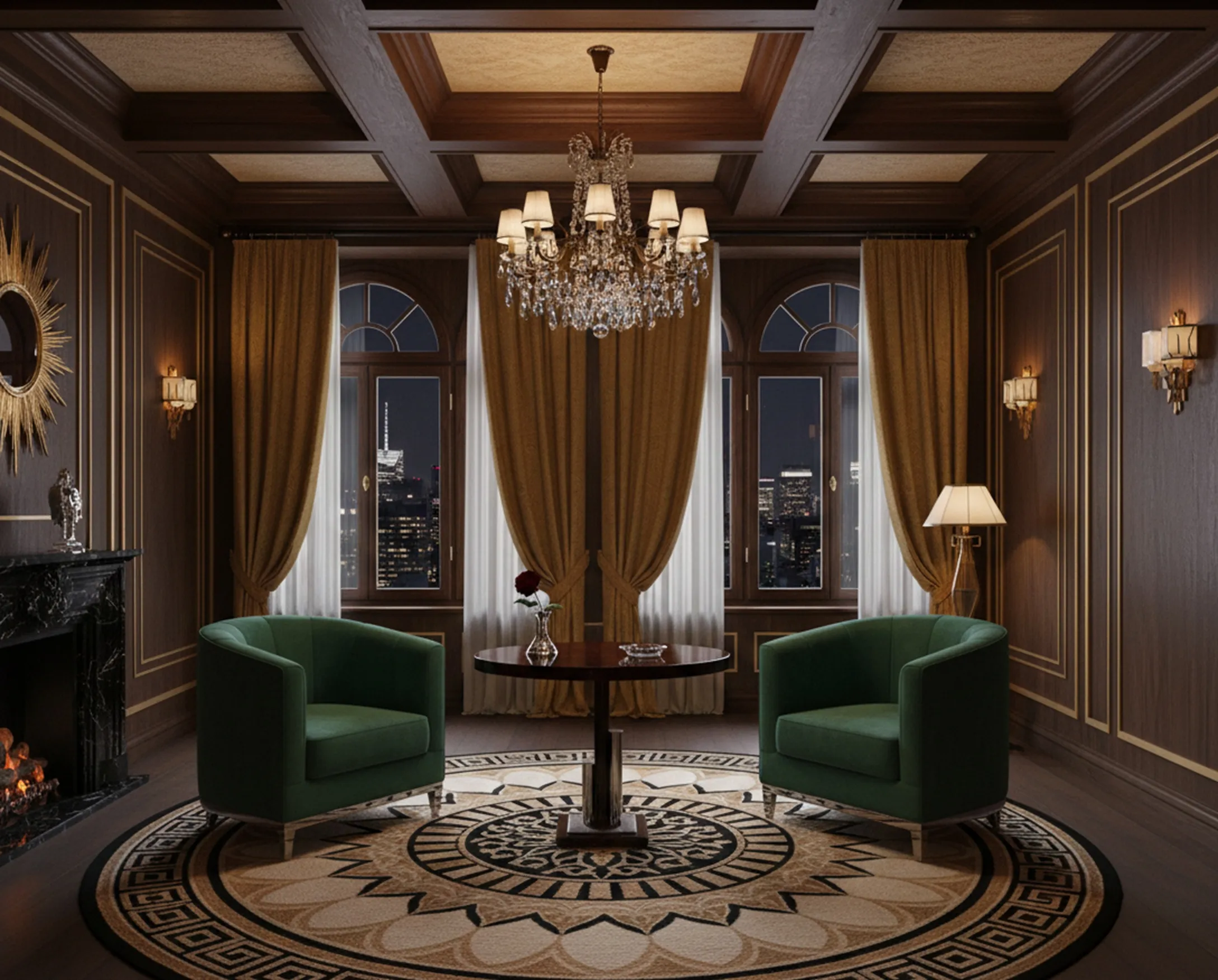 पुराना लिविंग रूम टेबल, हरे रंग की कुर्सियों और बड़े खिड़कियों के साथ