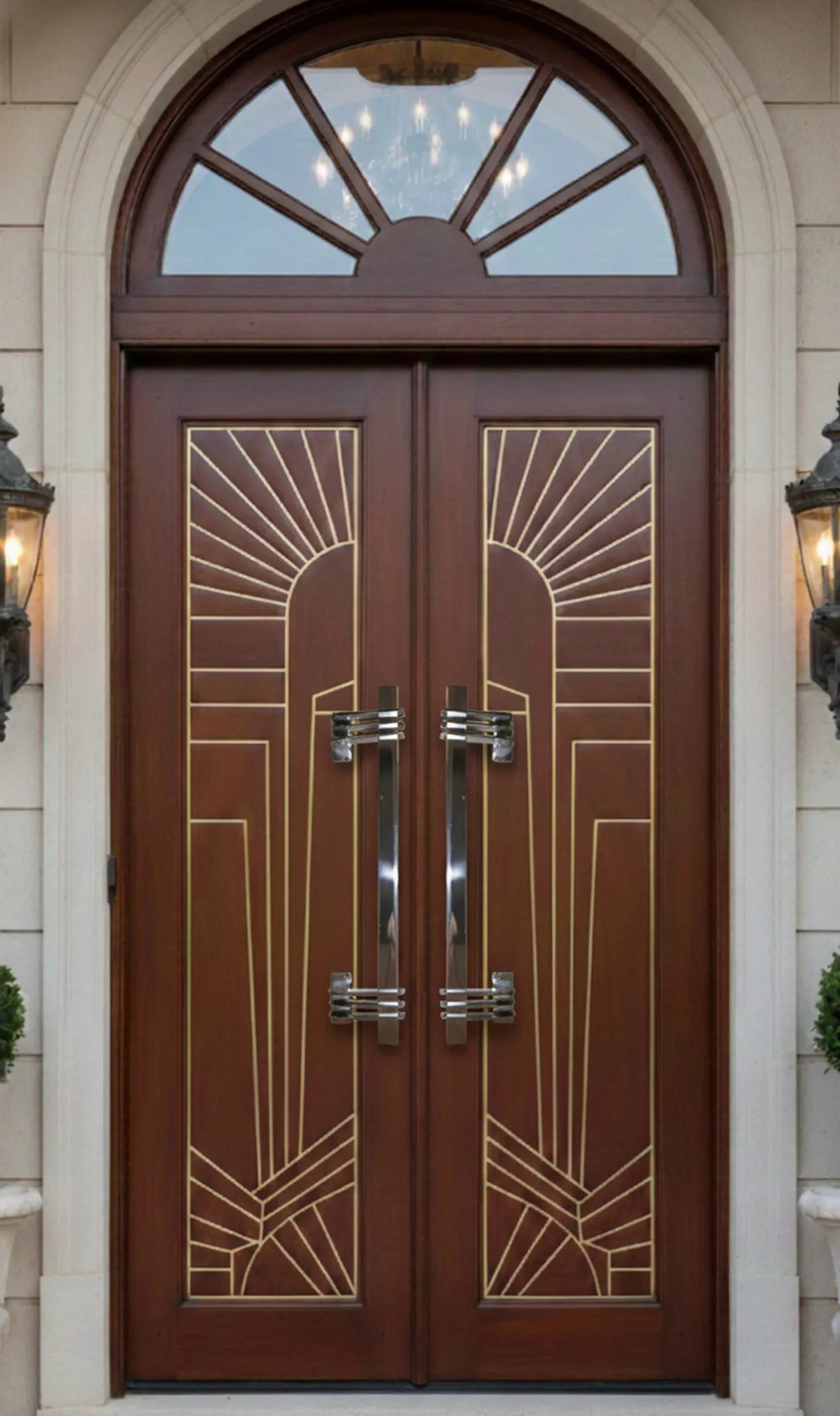door handles featuring elegant design with golden details, surrounded by lights