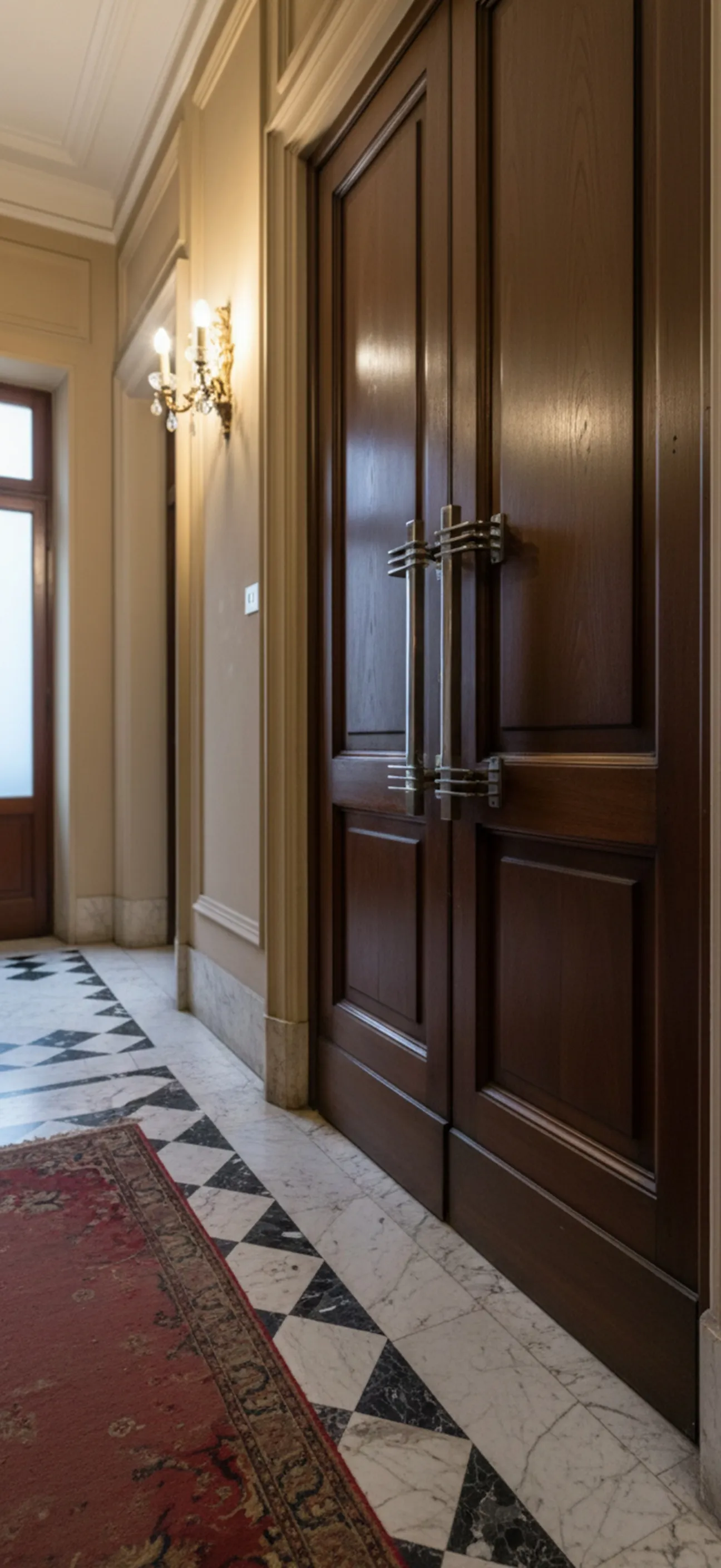 maniglie delle porte antiche in un elegante corridoio con tappeto rosso e pavimento in marmo