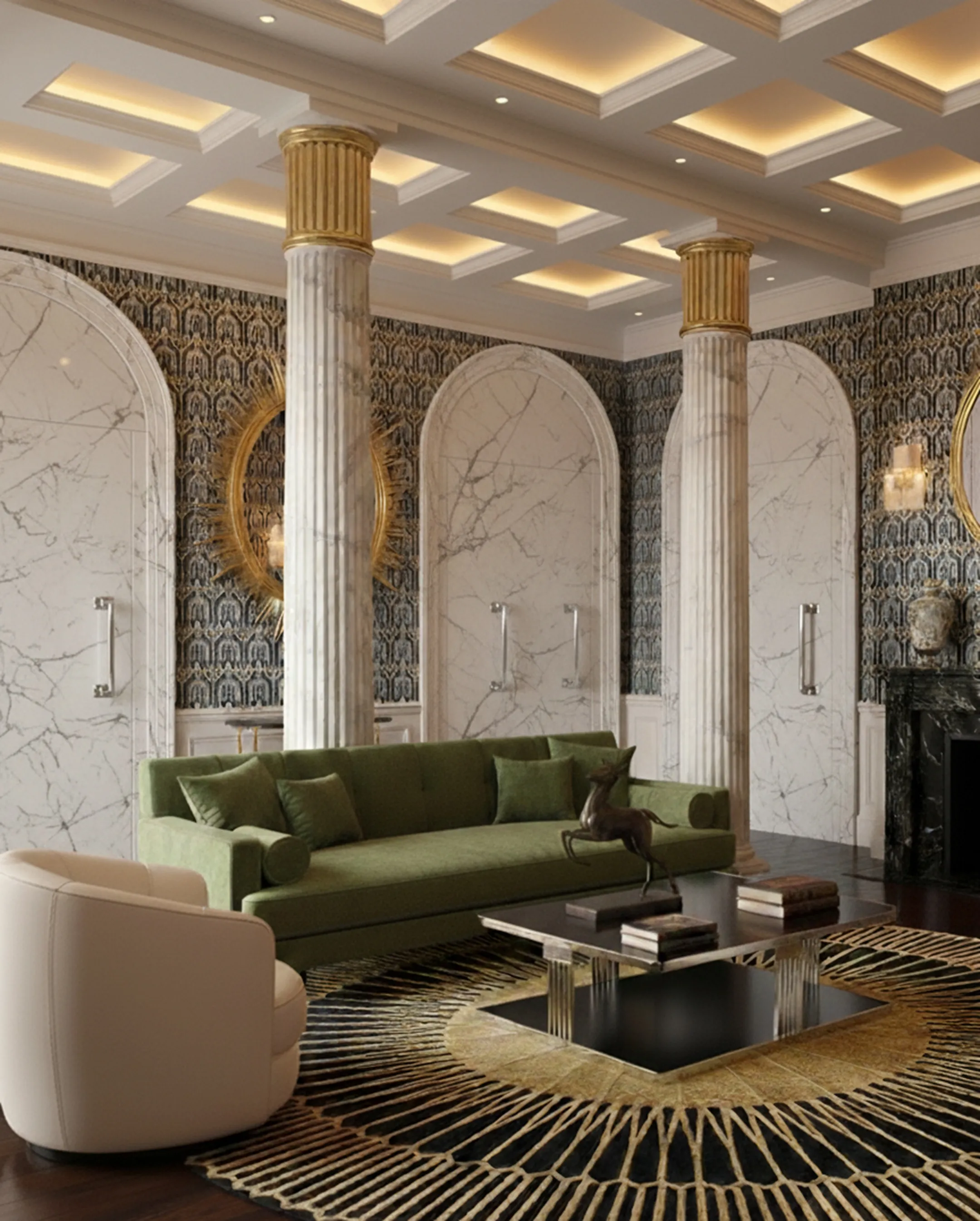 poignées de portes anciennes dans un salon avec des colonnes et de la décoration