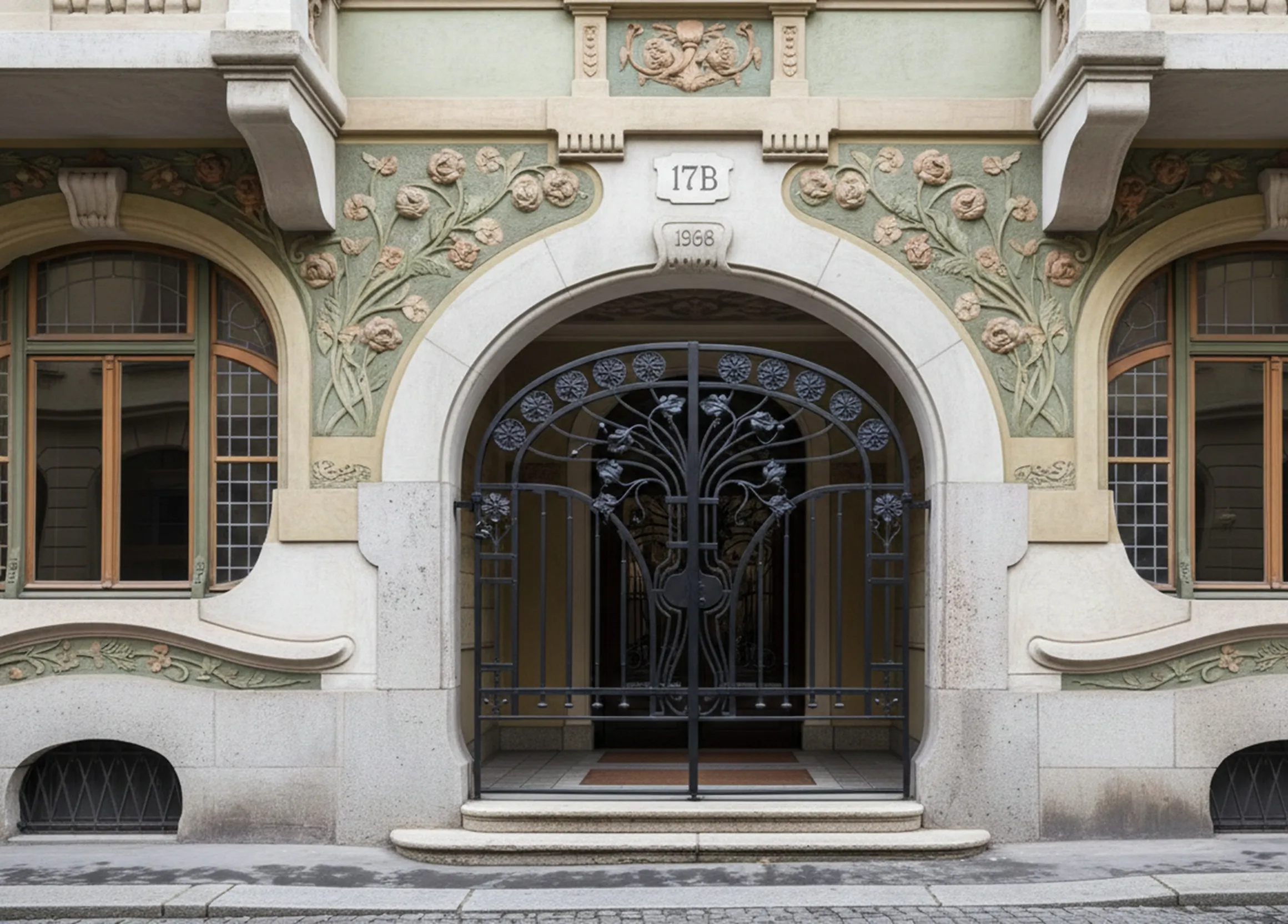 portail ancien avec design floral et cadre architectural