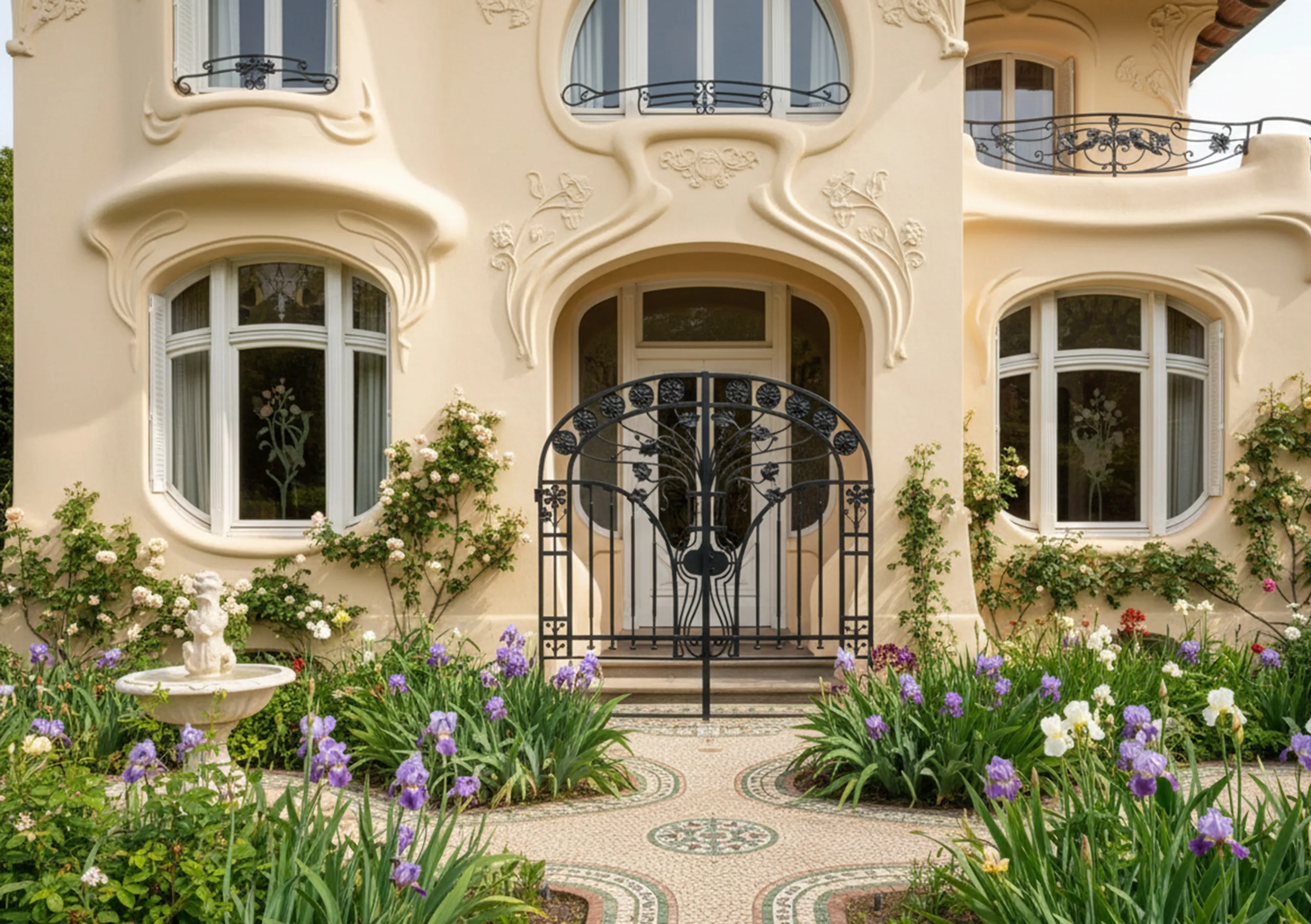 alte haustür mit floralen details und eleganter einfriedung