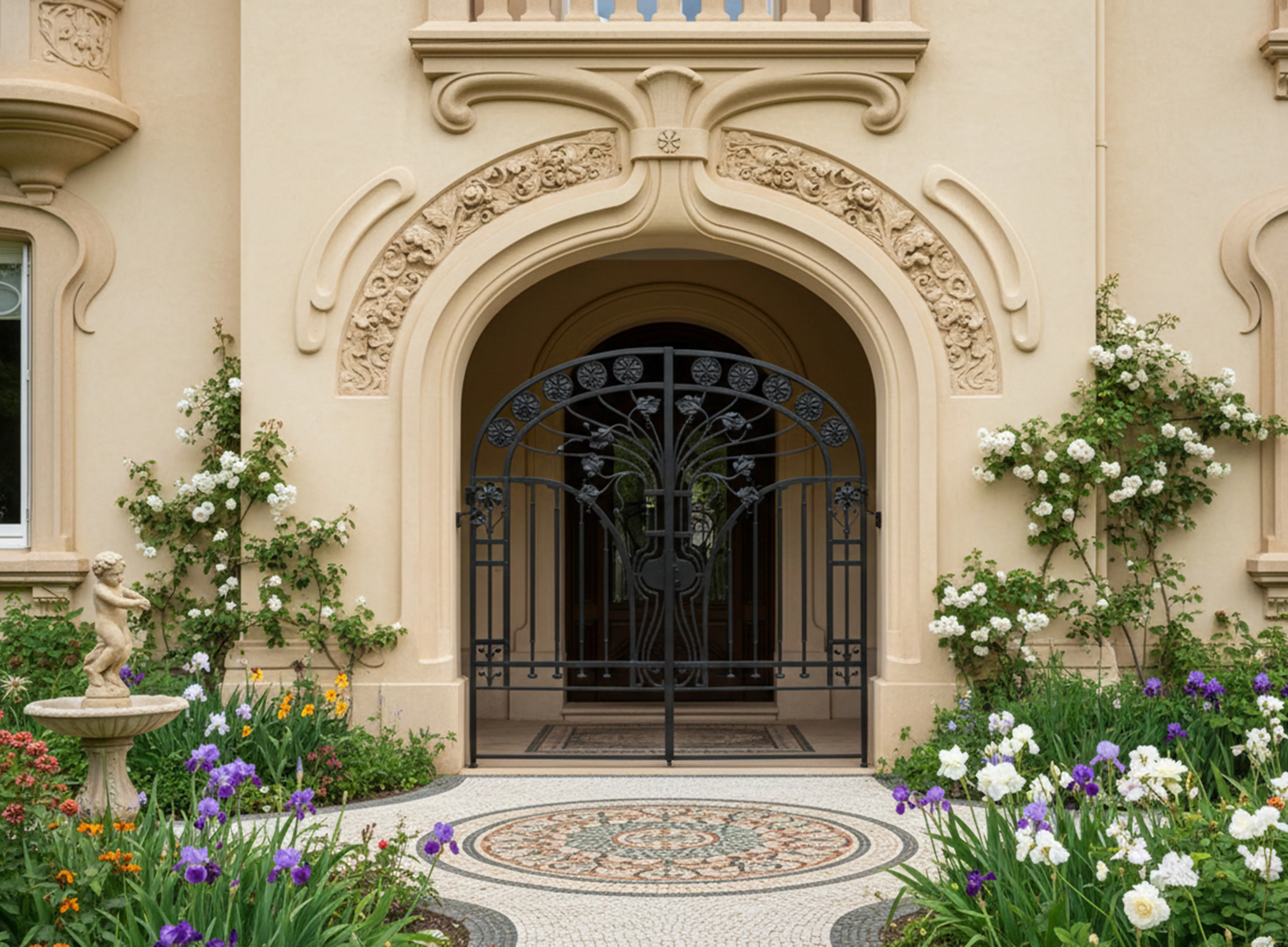 Portão antigo de jardim com decoração floral na entrada.