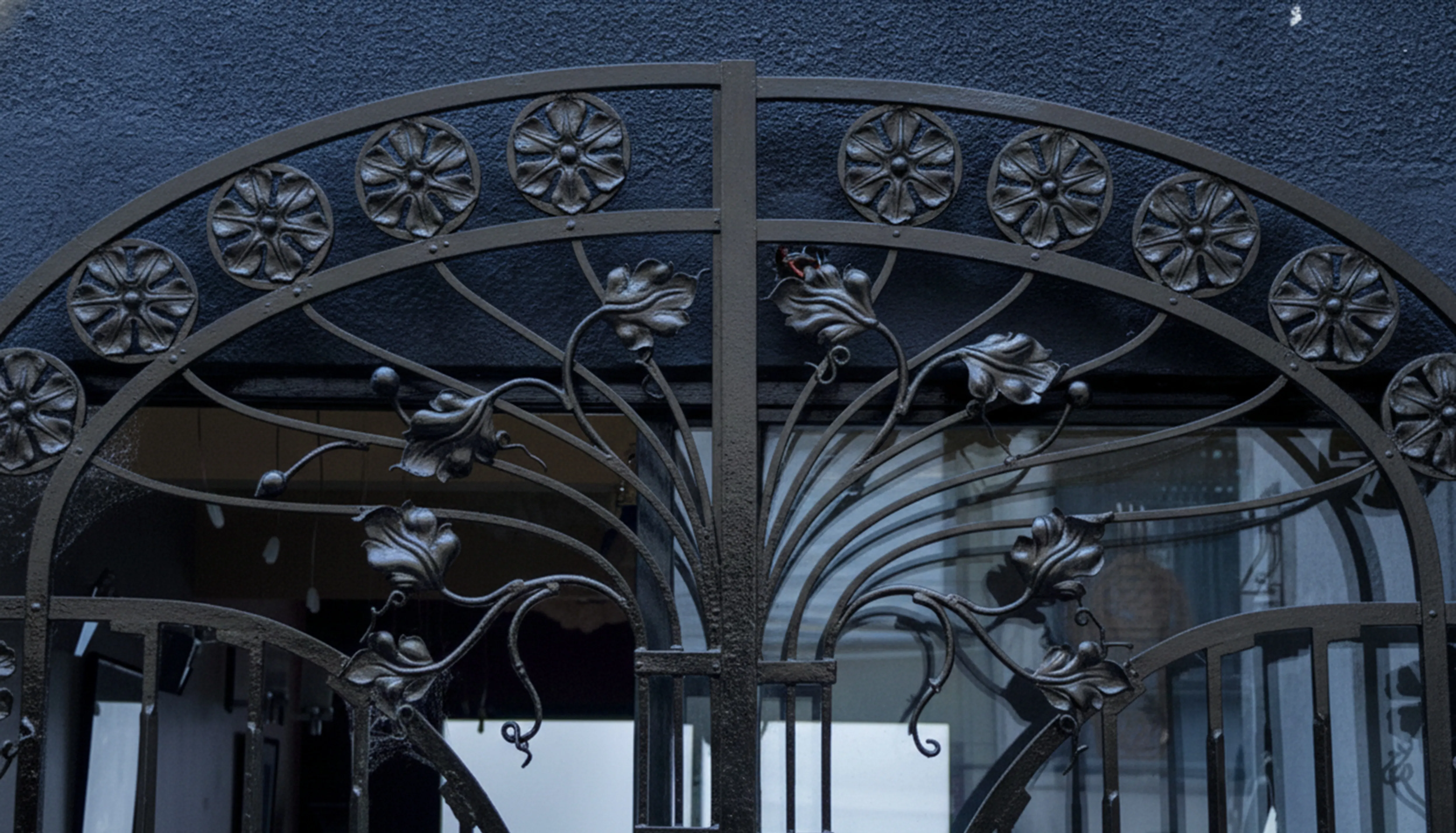 Ancien portail orné de motifs floraux sur fond sombre.