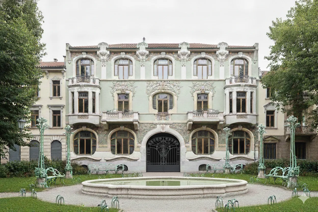 Blick auf eine antike Pforte mit Dekorationen in einem Garten. Landschaftselemente im Hintergrund sichtbar.