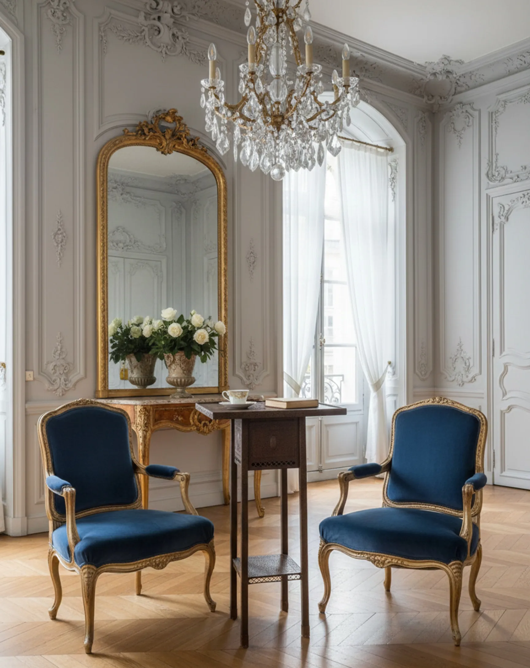 リビングにエレガントな装飾のあるアンティークの小さなテーブル