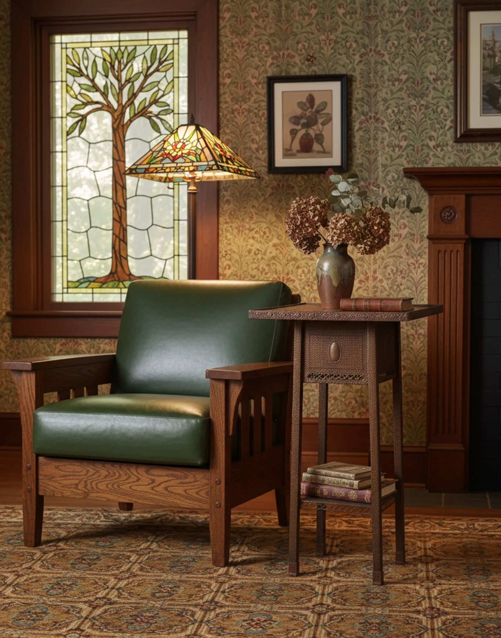 Mesita antigua junto a sillón verde en ambiente acogedor