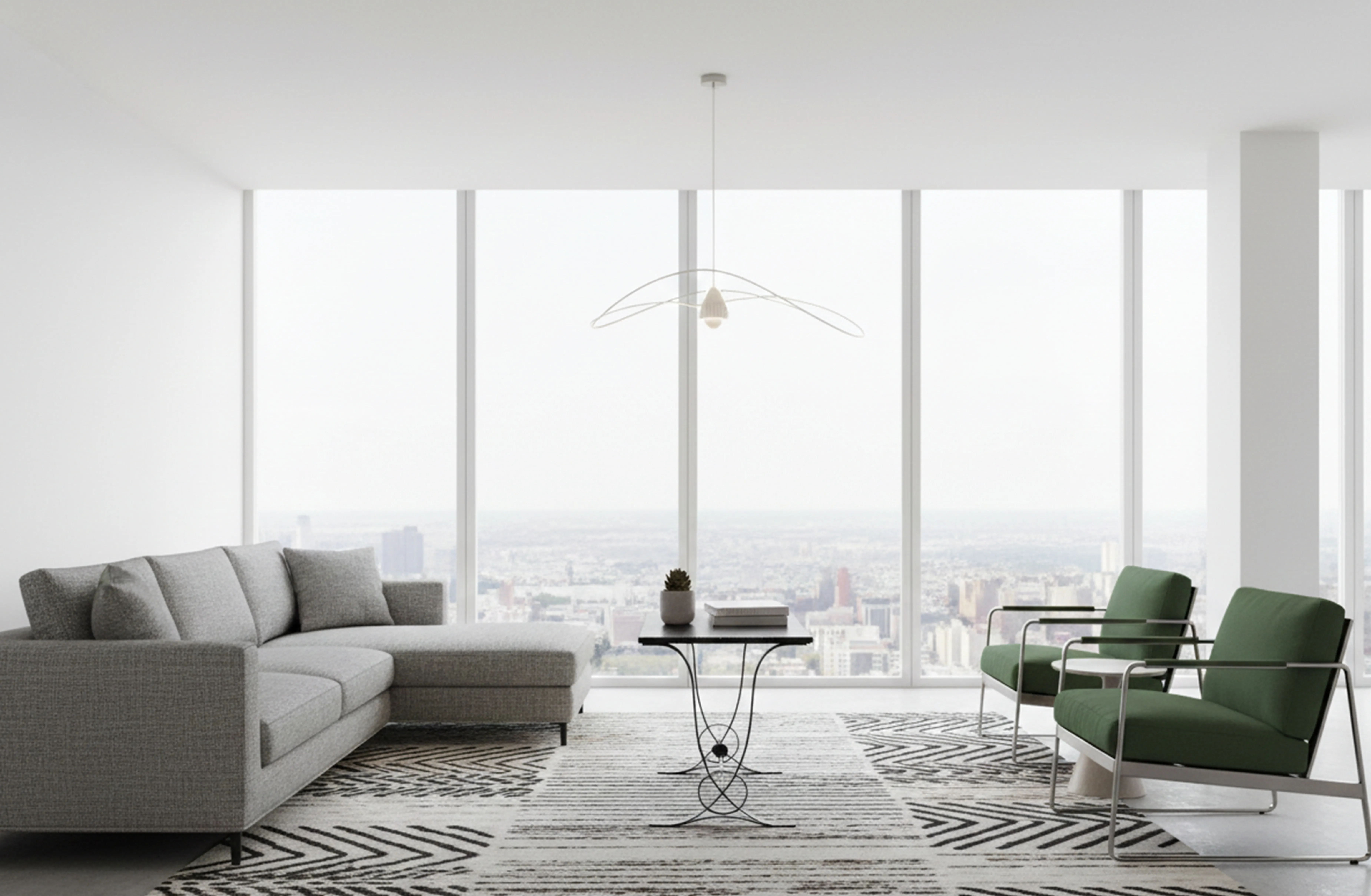 Antiker Tisch in einem modernen Wohnzimmer mit Stadtansicht.