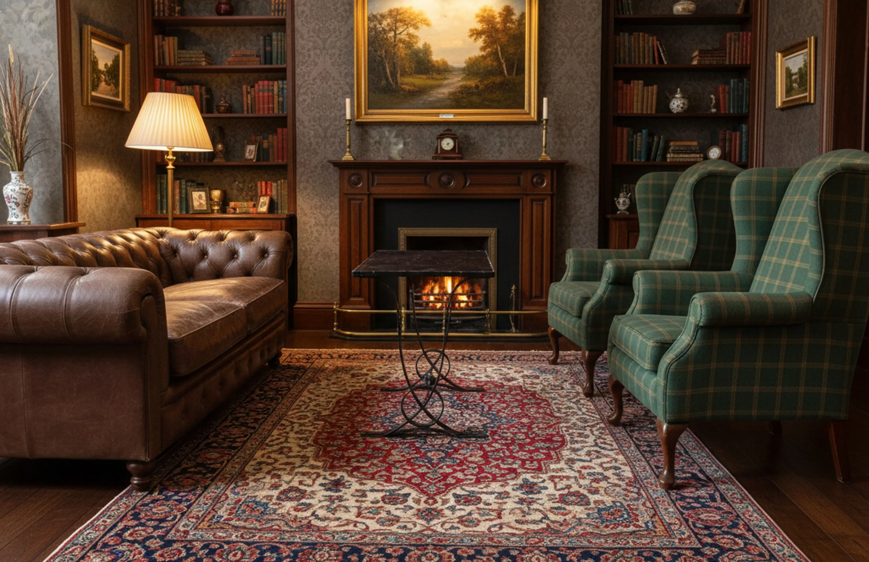 Antique table in a cozy setting with armchairs and shelves