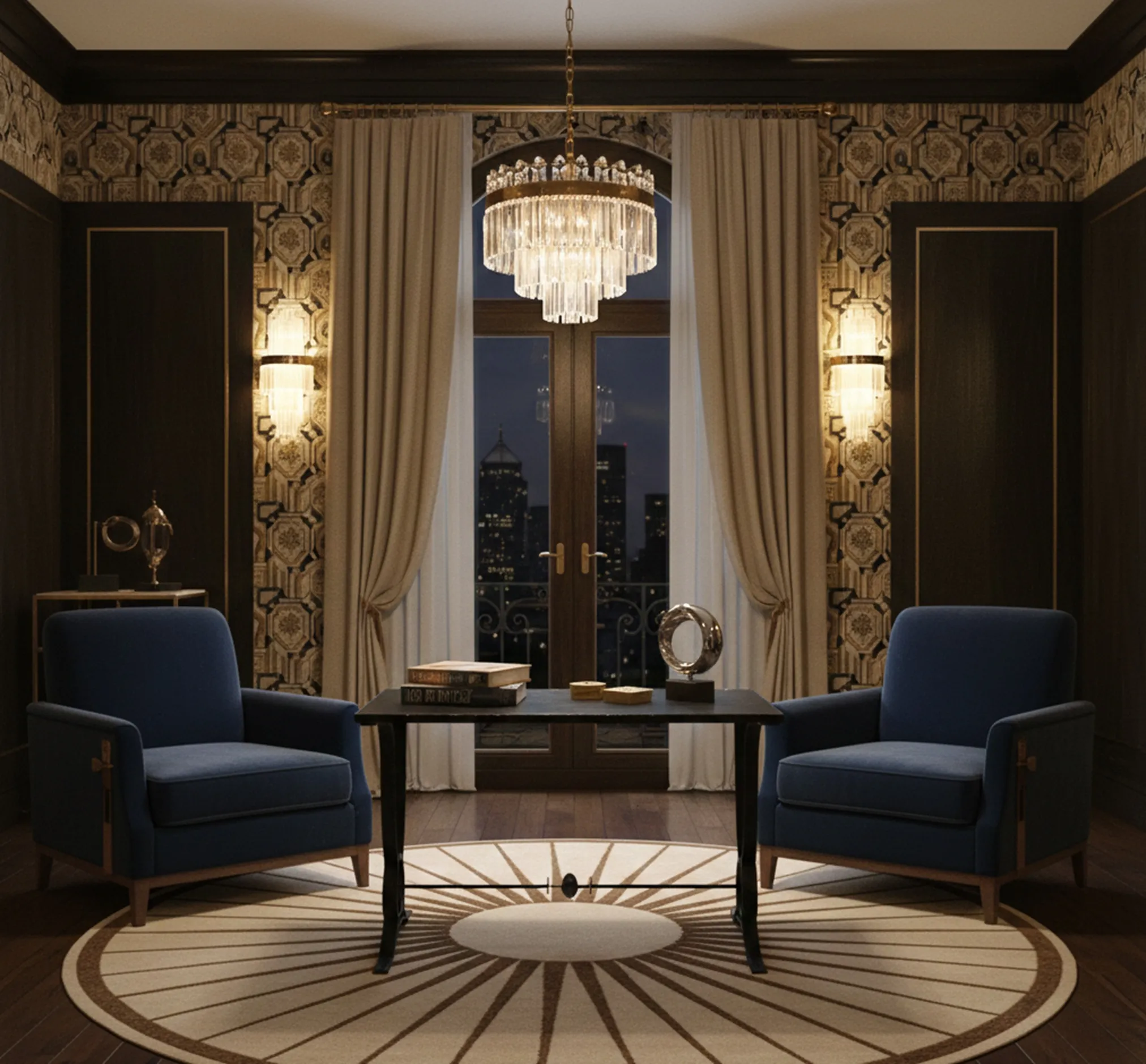 Antiker Tisch in einem eleganten Wohnzimmer mit blauen Stühlen