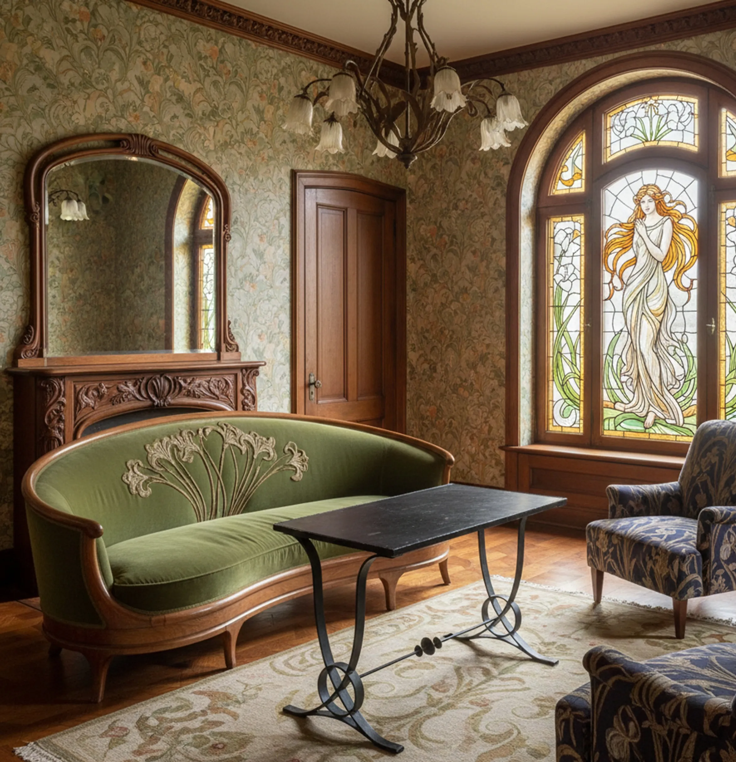 Античный стол в комнате, оформленной цветочным обоями и витражными окнами.